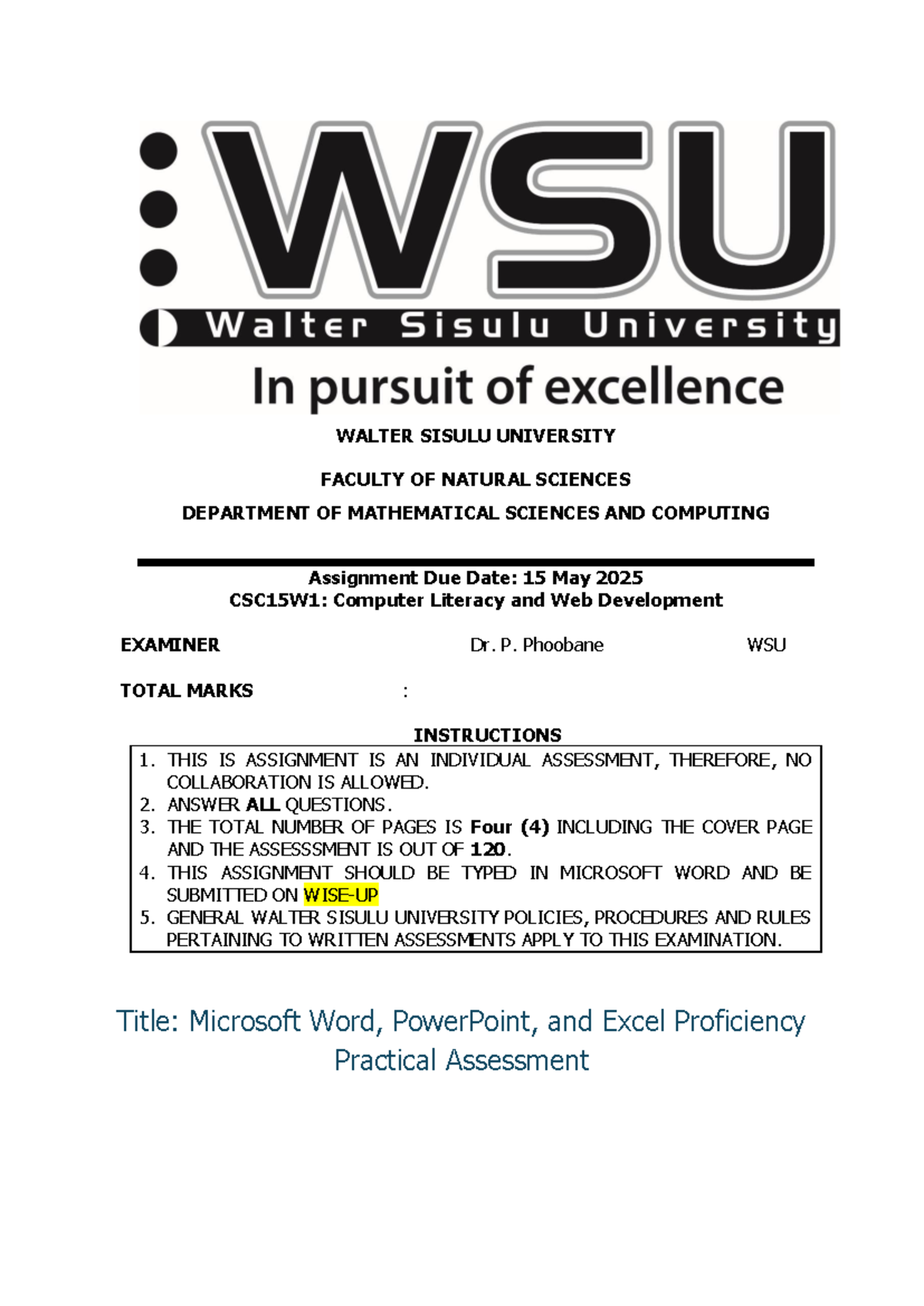 CSC15W1: Microsoft Office Proficiency Practical Assignment - Studocu