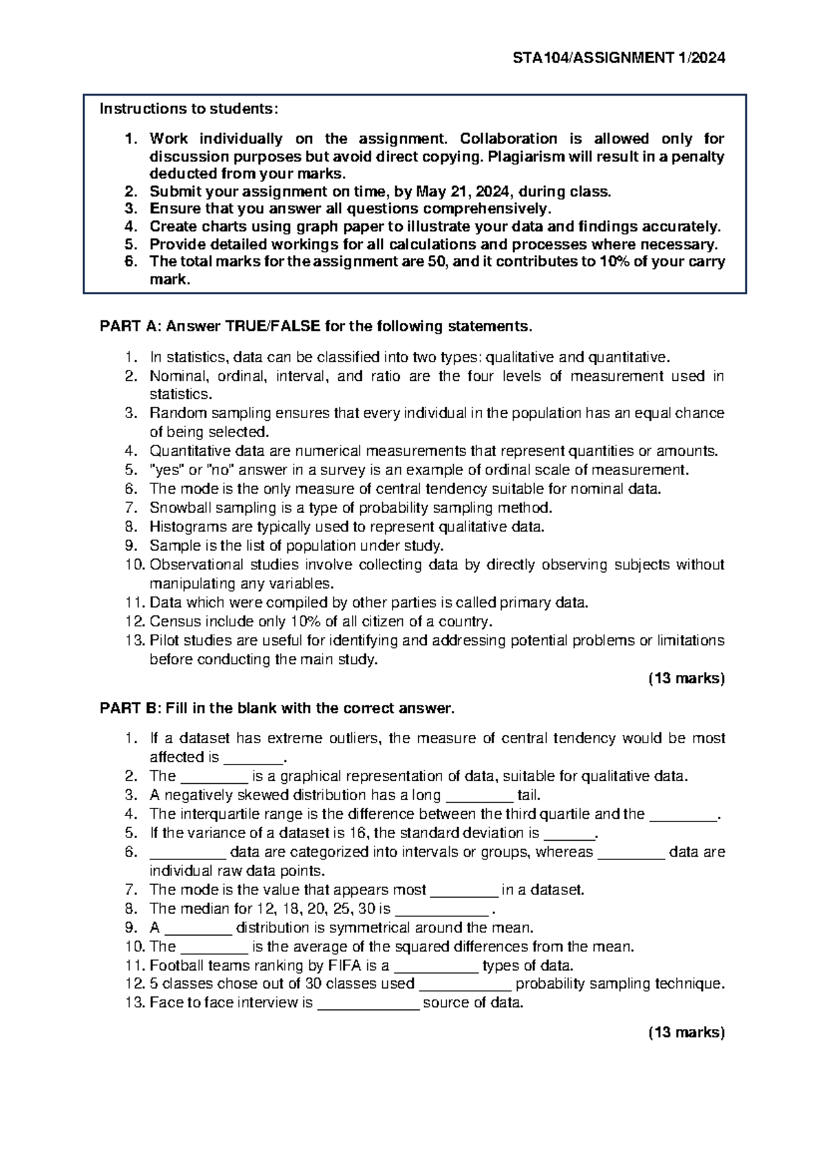 Student copy Assignment 1 MAY 2024 - STA104/ASSIGNMENT 1/ Instructions ...