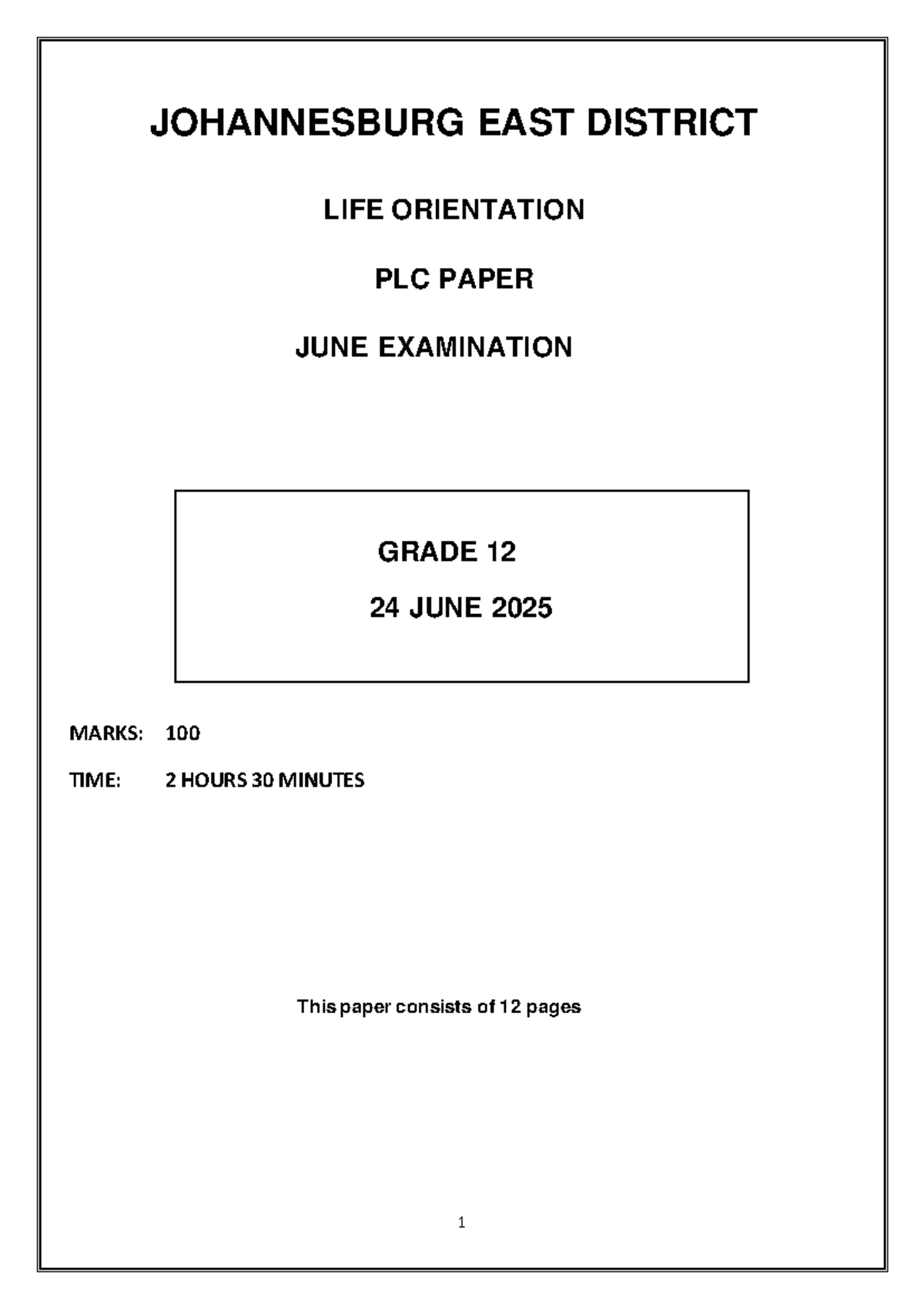 2025 Grade 12 Life Orientation June Exam Paper - Johannesburg East ...