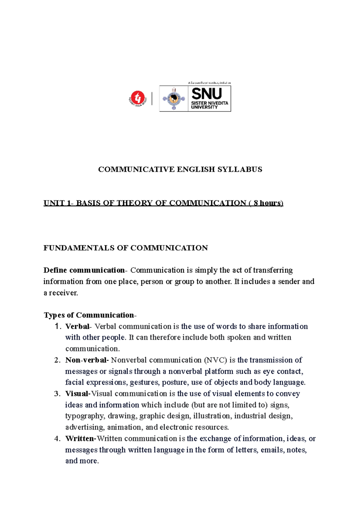 Unit 1 - Fundamentals of Communication in English - Studocu