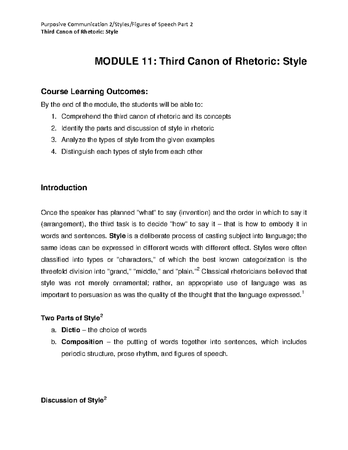 Week 6 - Mod 11: Understanding the Third Canon of Rhetoric Style - Studocu