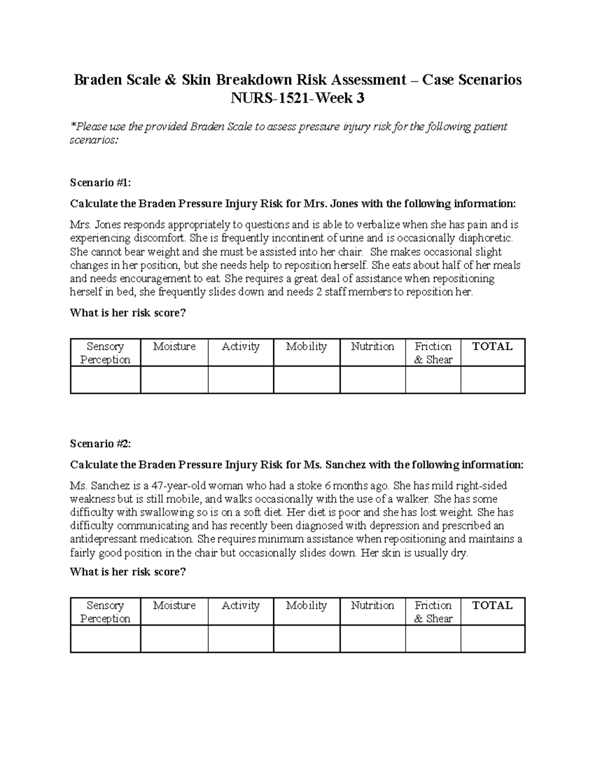 NURS-1521 Braden Scale Case Scenarios – Risk Assessment Examples - Studocu