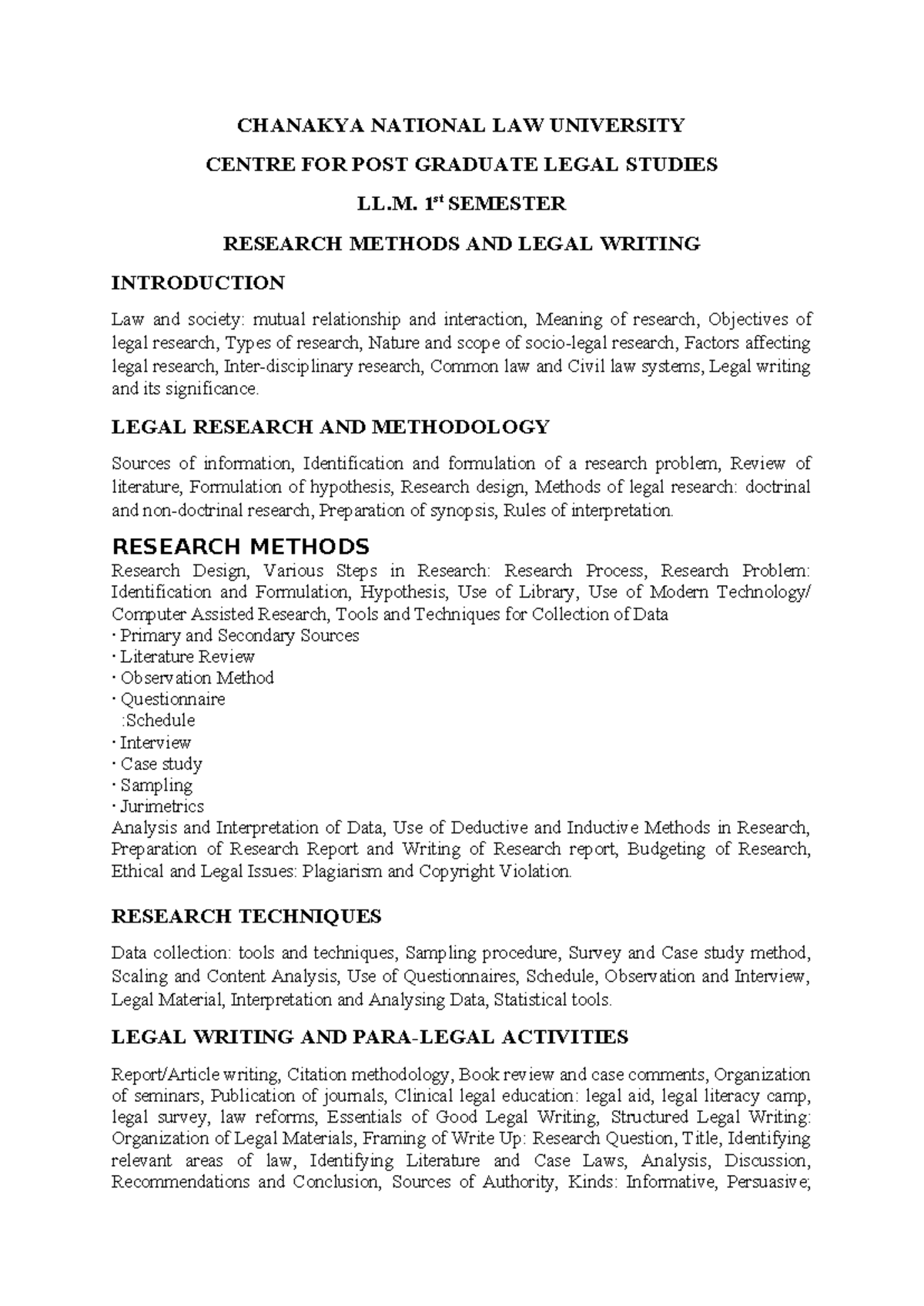 LLM 1st Sem Research Methods & Legal Writing Syllabus Overview - Studocu