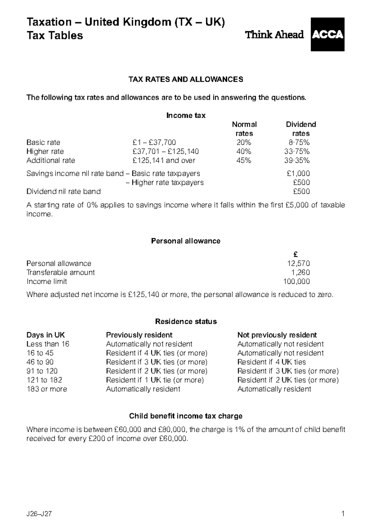 UK Tax FA2025: Tax Tables, Rates & Allowances (J26, J27) - Studocu