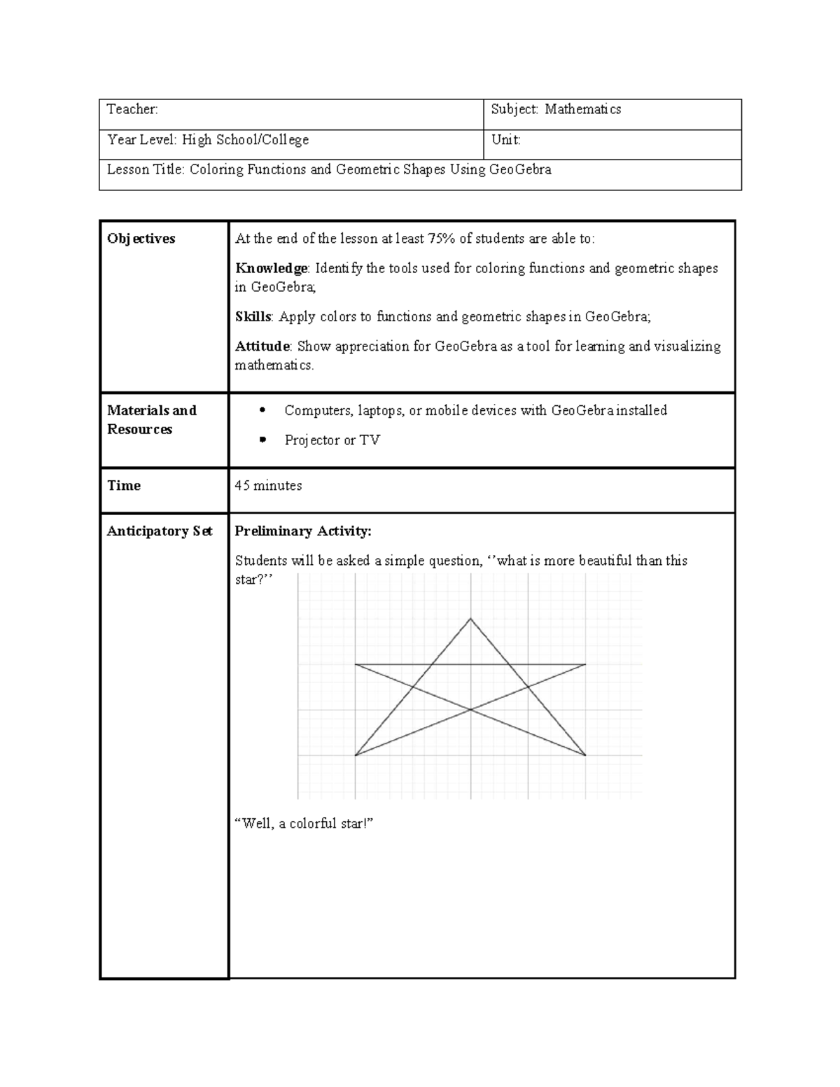 MATH 101: Lesson Plan on Coloring Functions & Geometric Shapes Using ...