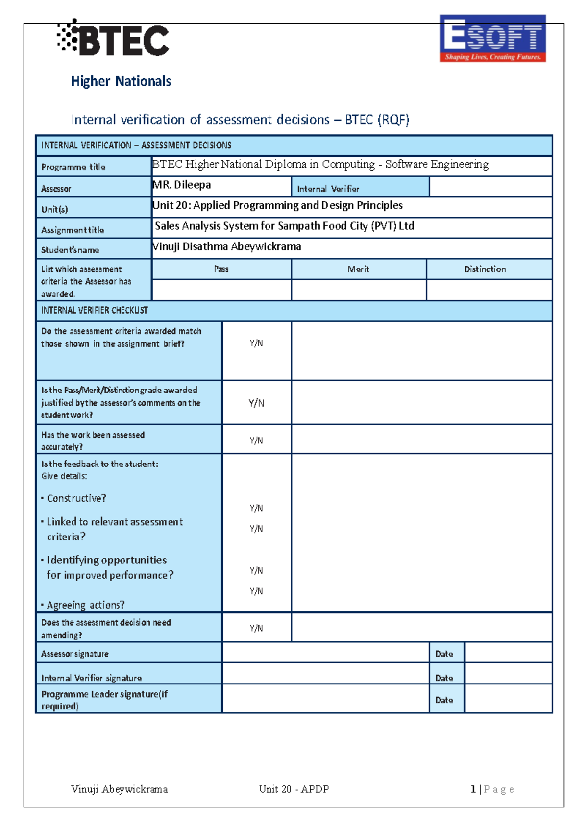 Unit 20 APDP: Internal Verification of Assessment Decisions for Sales ...