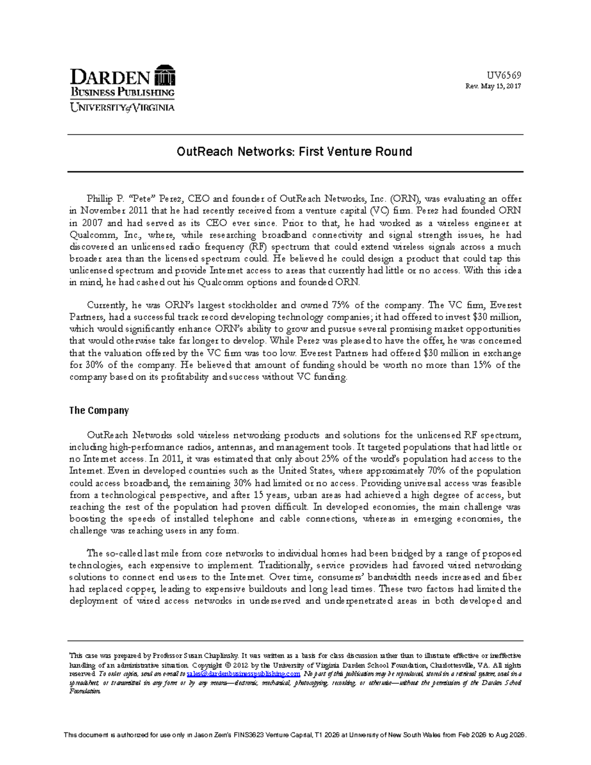 UV6569 Case Study: OutReach Networks' First VC Offer Analysis - Studocu
