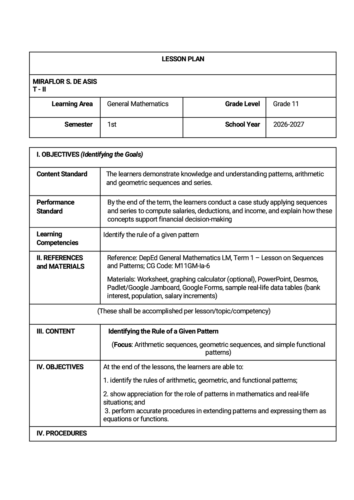 SSHS-LP Trim1 Lesson Plan on Sequences & Series for Grade 11 - Studocu