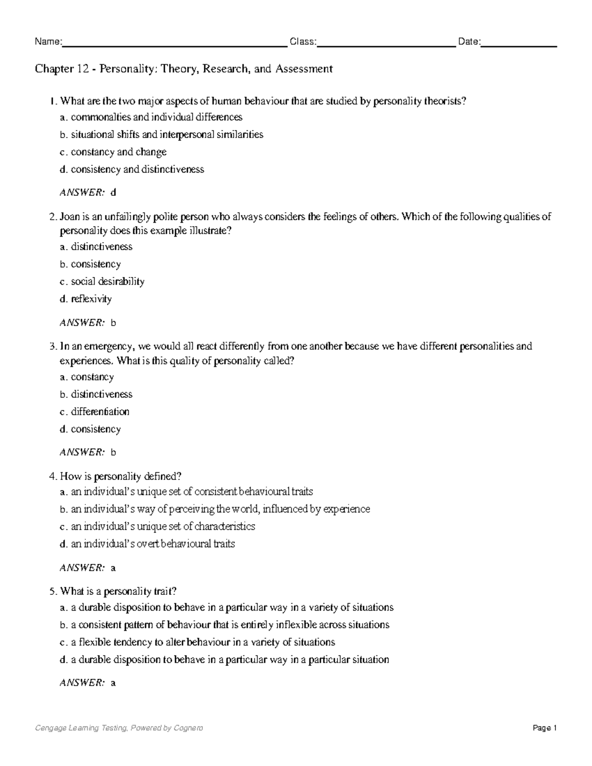 Chapter 12 - Personality Theory: Key Concepts, Research, and Assessment ...