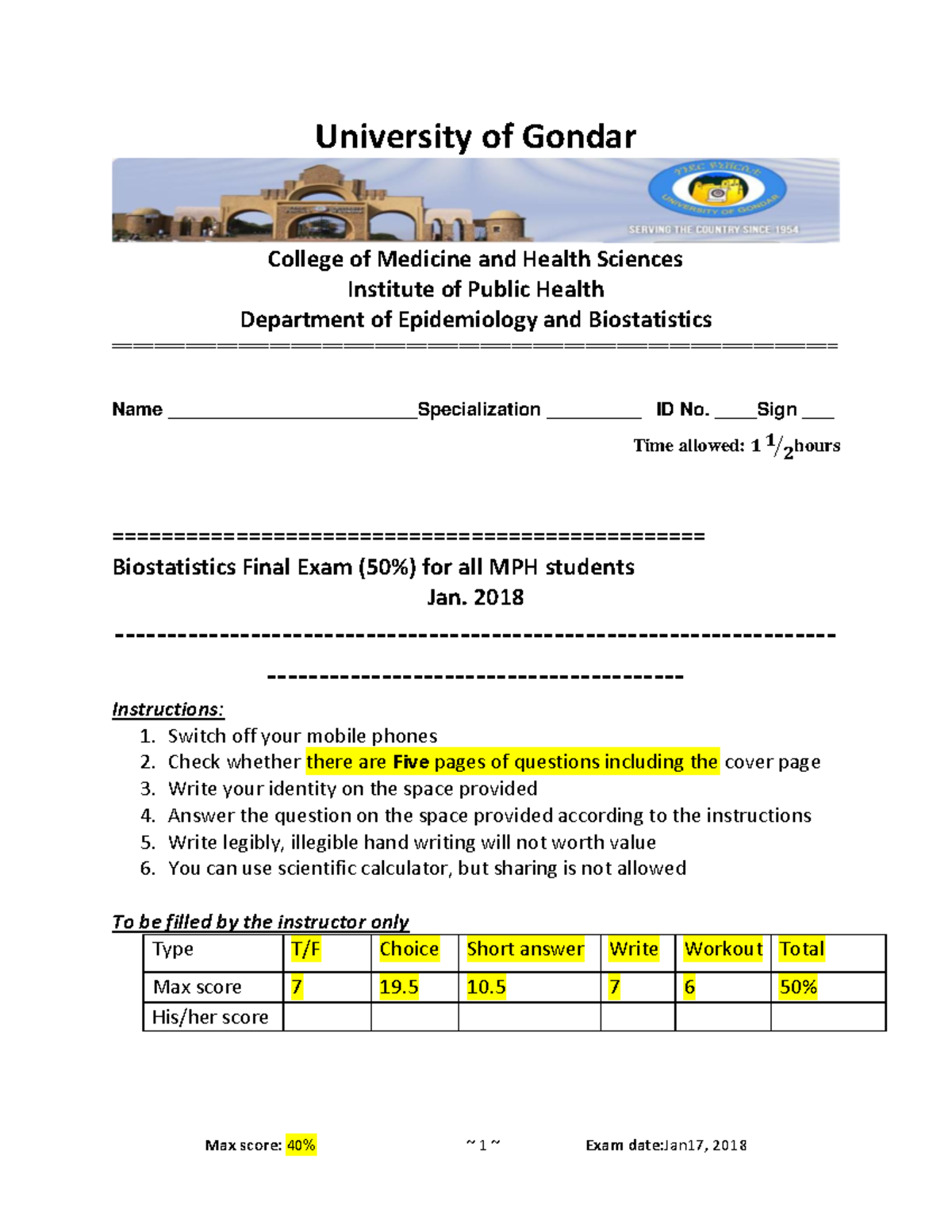 Biostatistics MPH Final Exam (Jan 2018) with Answers - Studocu