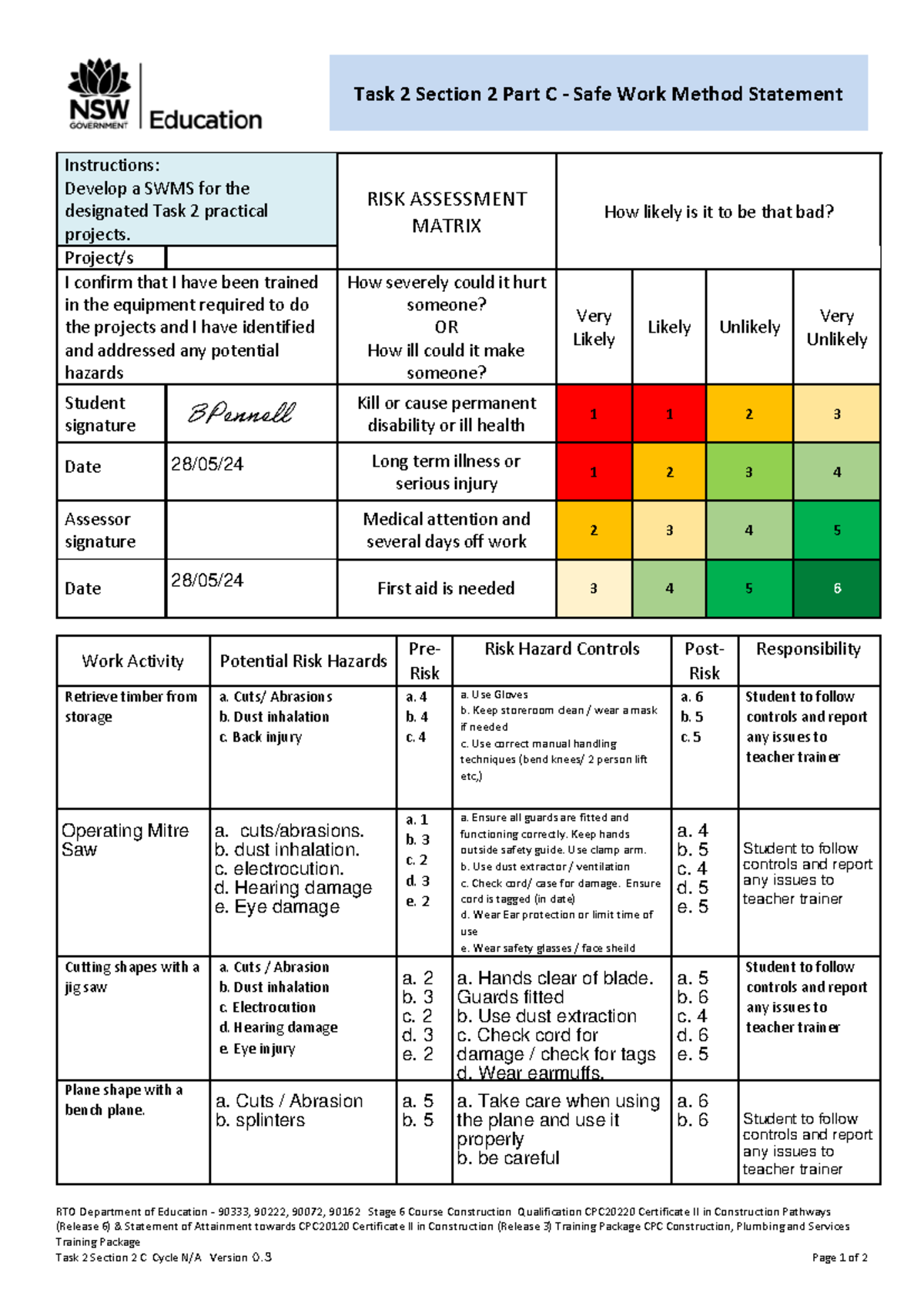 Task 2 Section 2 Part C - SWMS for Construction Projects CPC20220 - Studocu