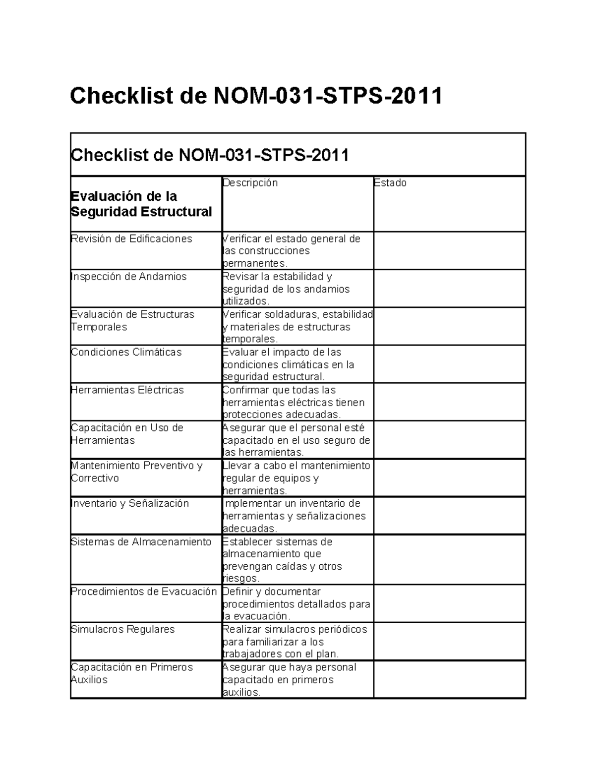 Checklist de Evaluación de la Seguridad Estructural NOM-031-STPS-2011 ...