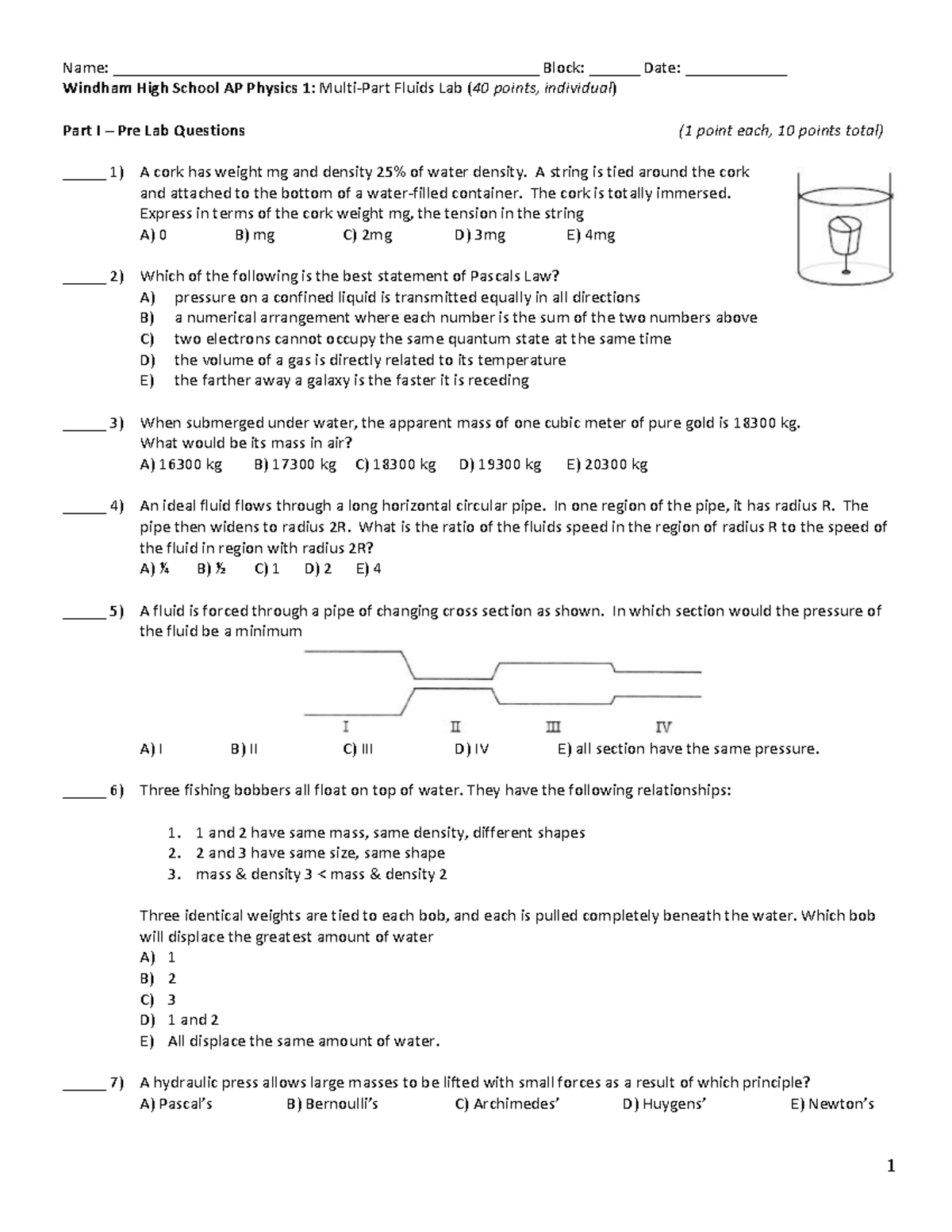 AP Physics 1: Fluids Lab - Pre Lab & Buoyant Forces Analysis - Studocu