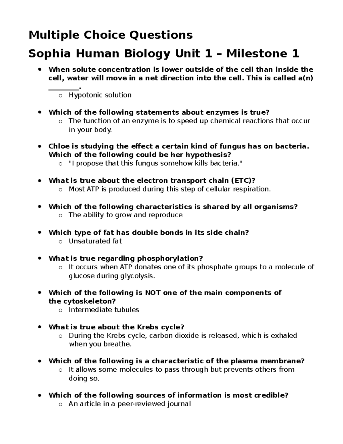 SCI201 Human Biology - Unit 1 Milestone 1 Study Guide: MCQs and ...