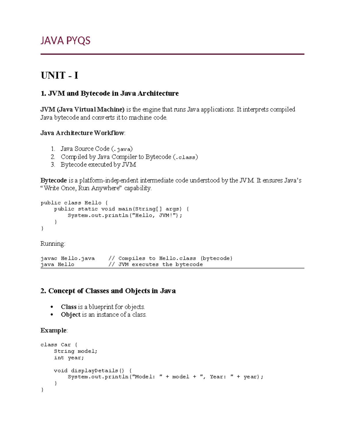 JAVA PYQS UNIT I & II: JVM, Classes, Exceptions, and More - Studocu