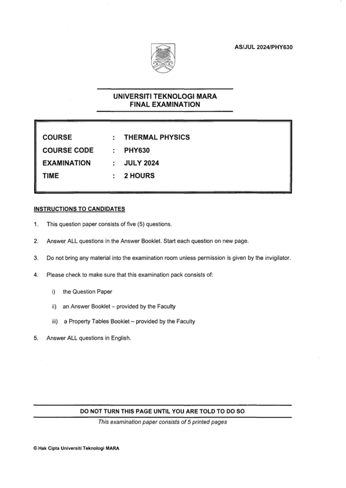 PHY630 - Final Exam Paper for Thermal Physics, July 2024 - Studocu