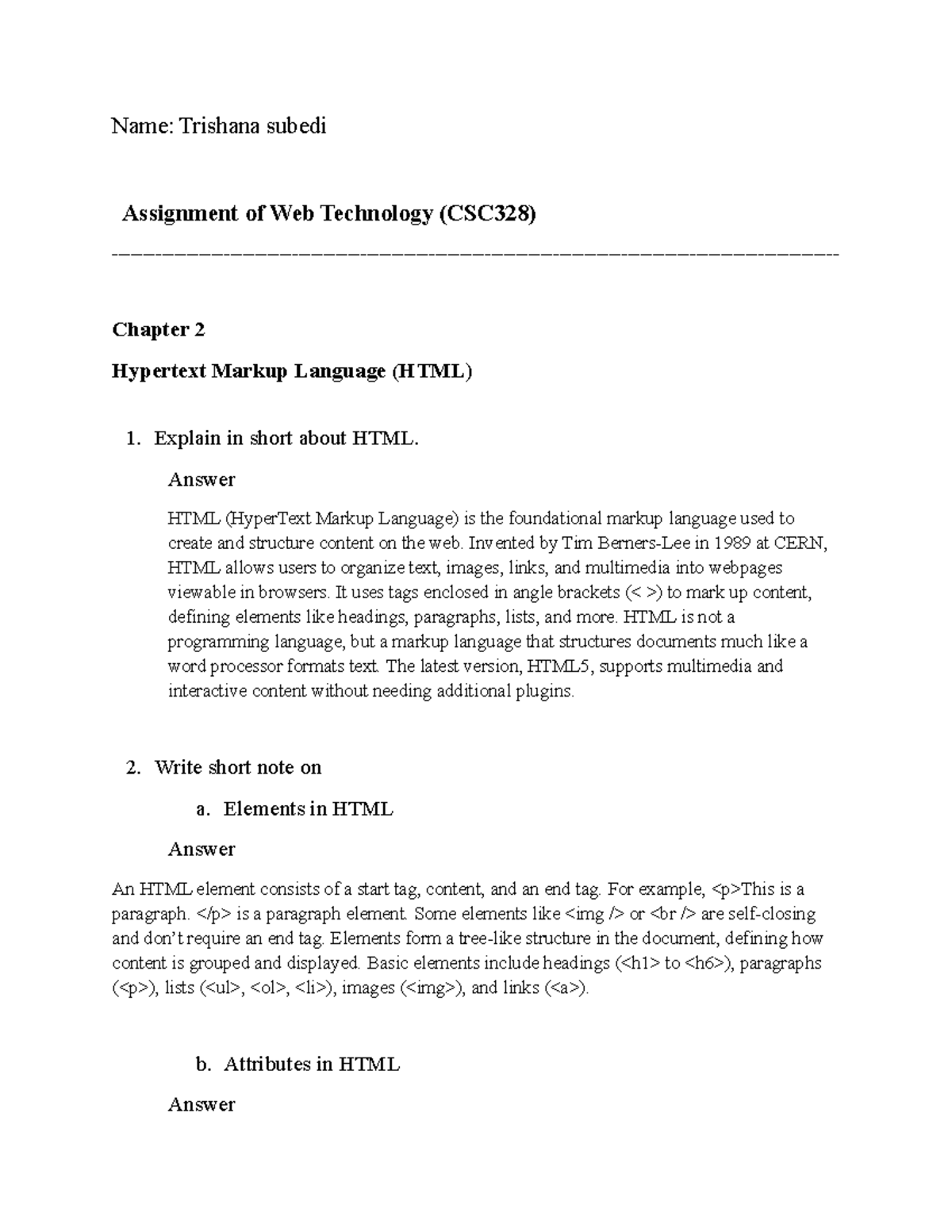 Web Technology (CSC328) Assignment: Chapter 2 - HTML Overview and ...