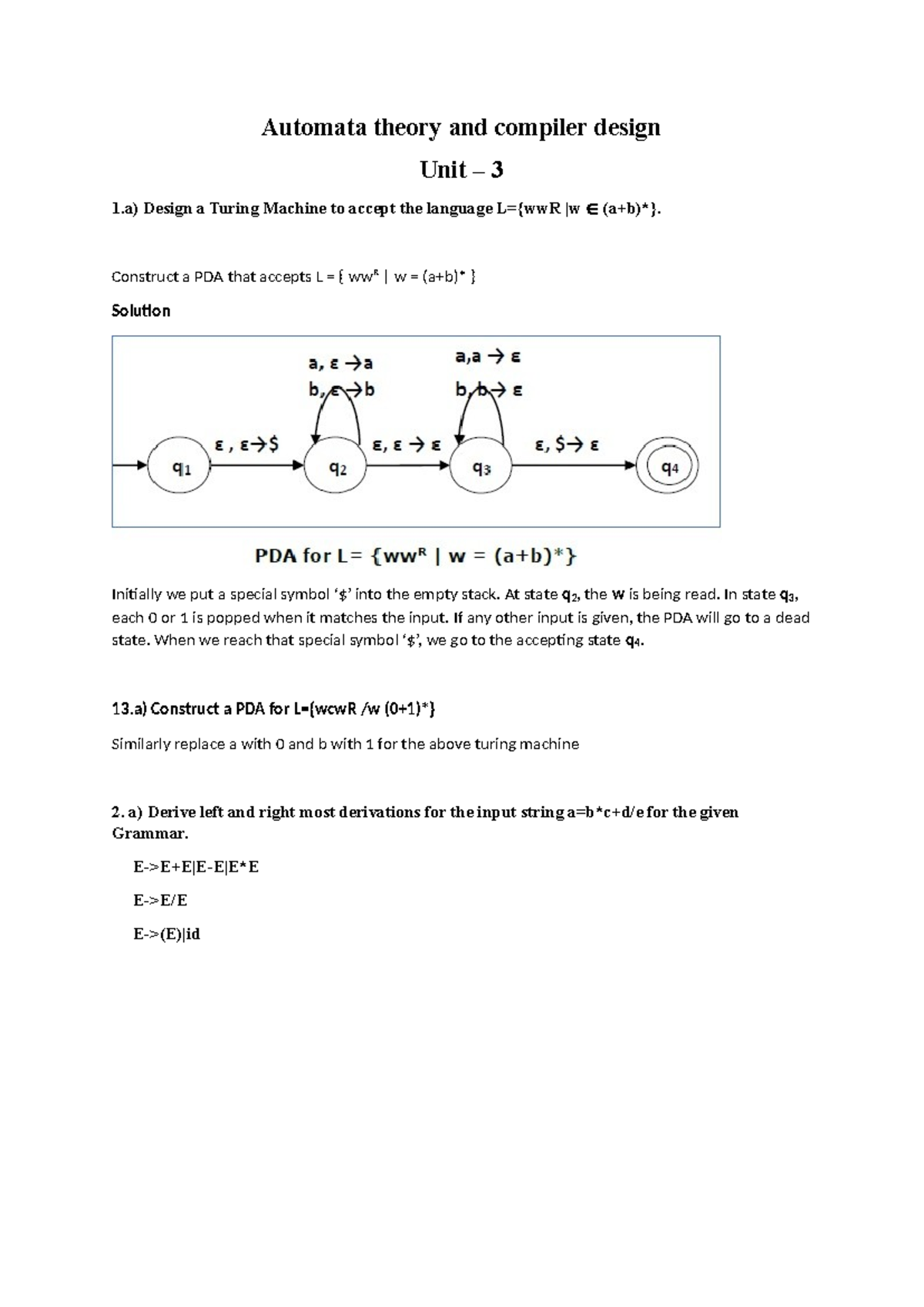 Automata Theory & Compiler Design: Unit 3 Notes - Studocu