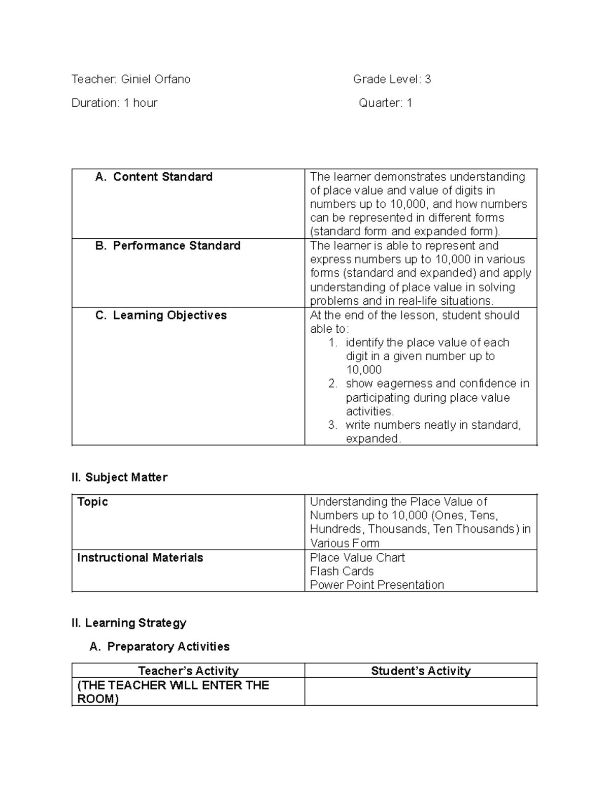Grade 3 Math Lesson Plan: Understanding Place Value (Beed 7) - Studocu