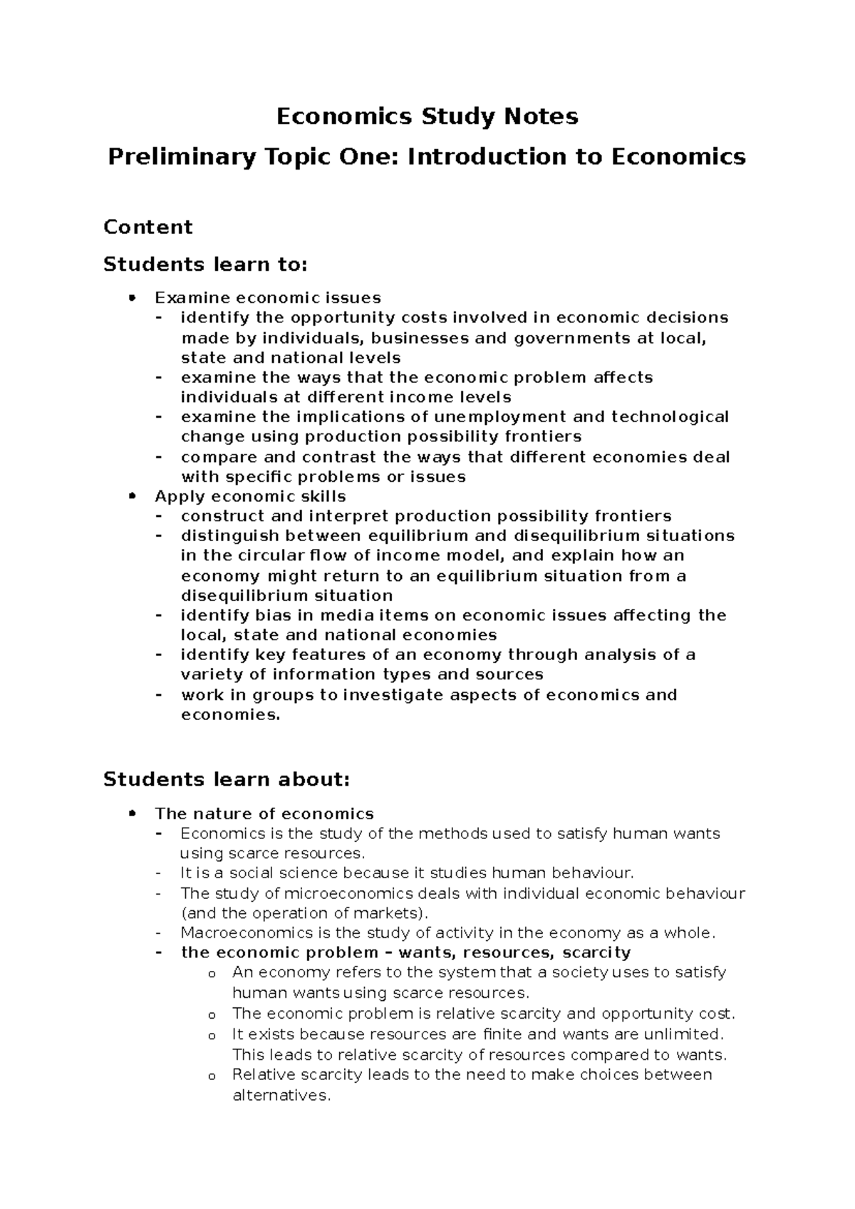 Term 1 Economics Study Notes: Intro to Economic Principles and Systems ...