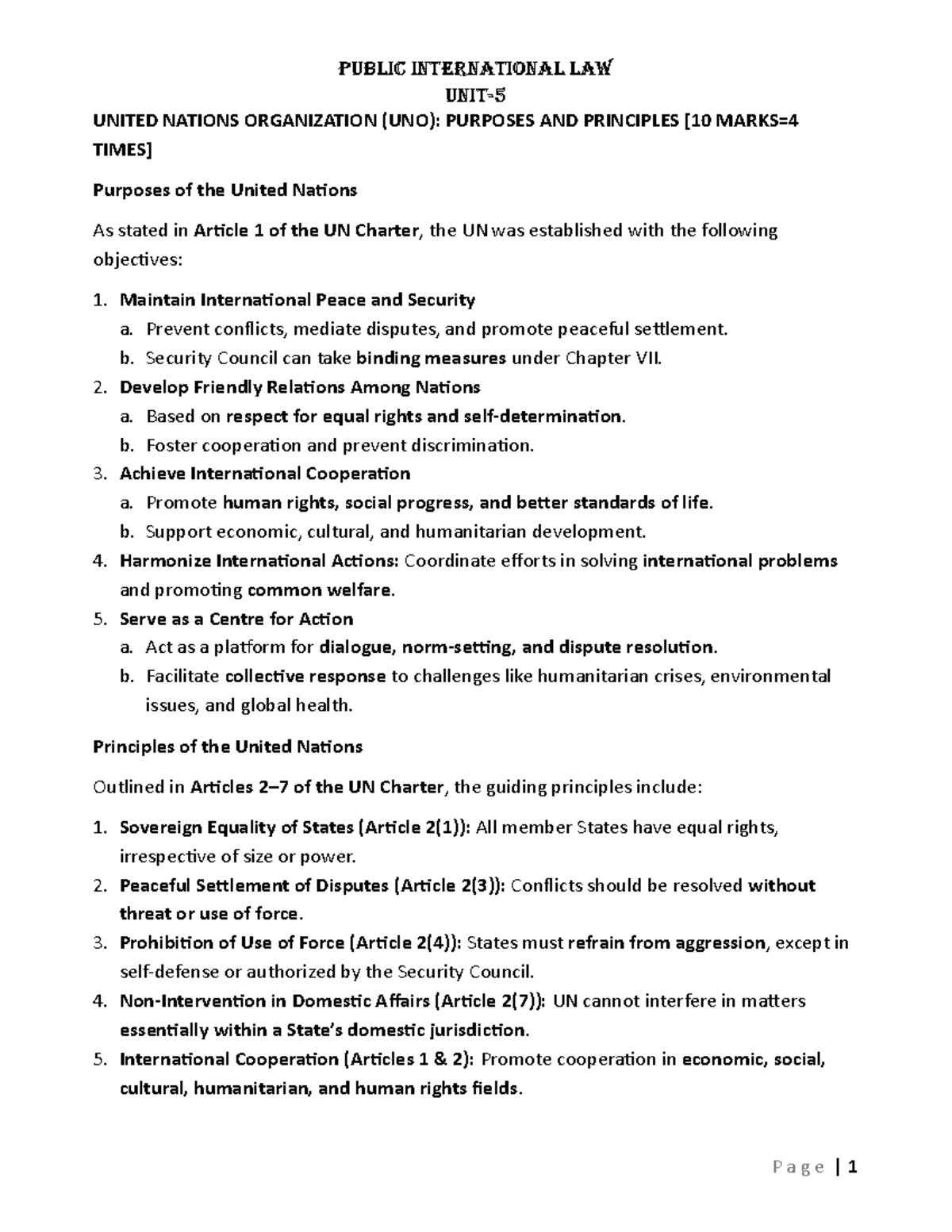 PIL UNIT 5: Purposes and Principles of the United Nations - Studocu