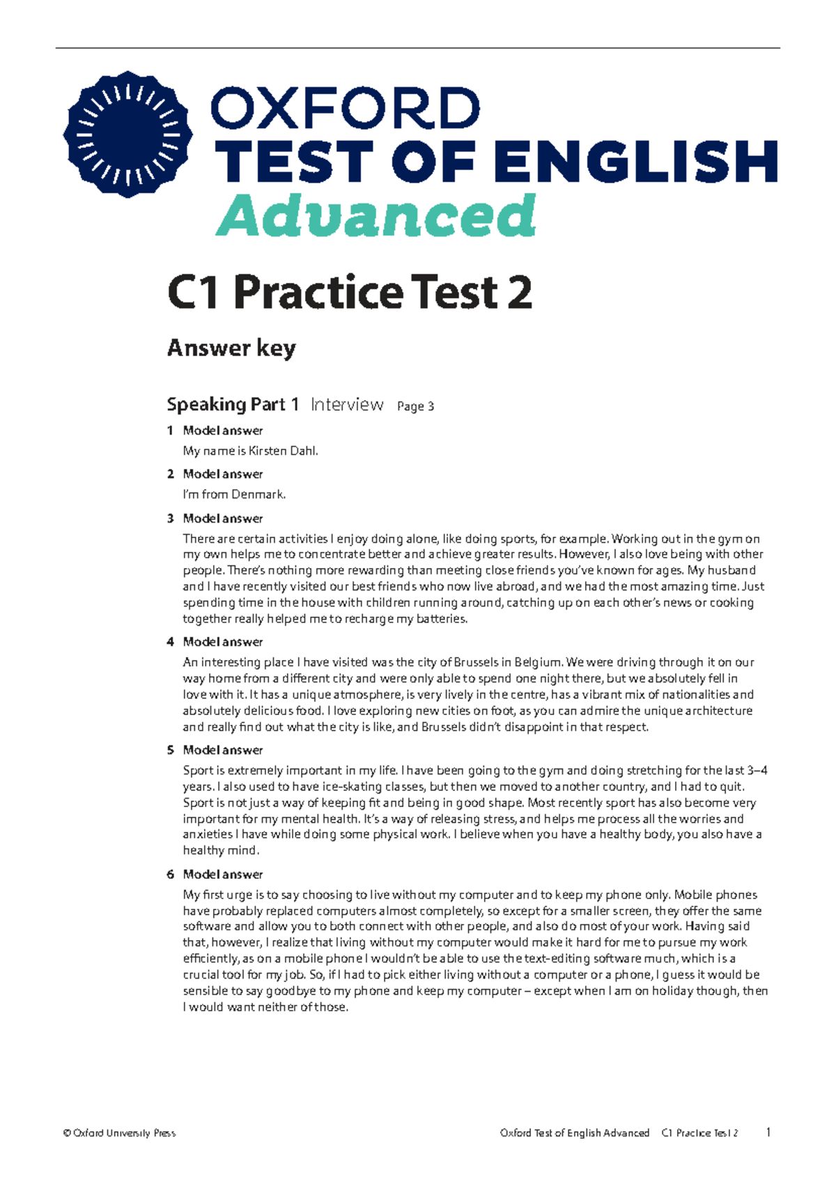 C1 Practice Test 2 Answer Key: Speaking & Listening Sections - Studocu