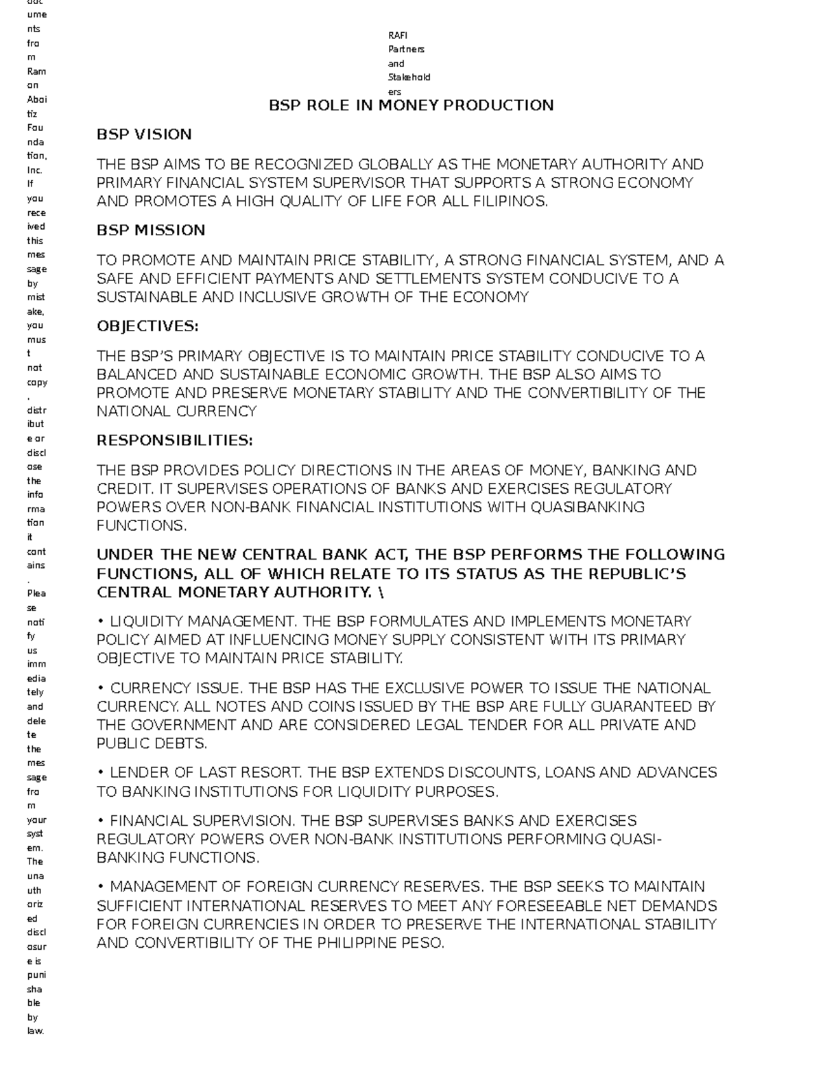 BSP Role in Money Production: Insights and Objectives - Studocu