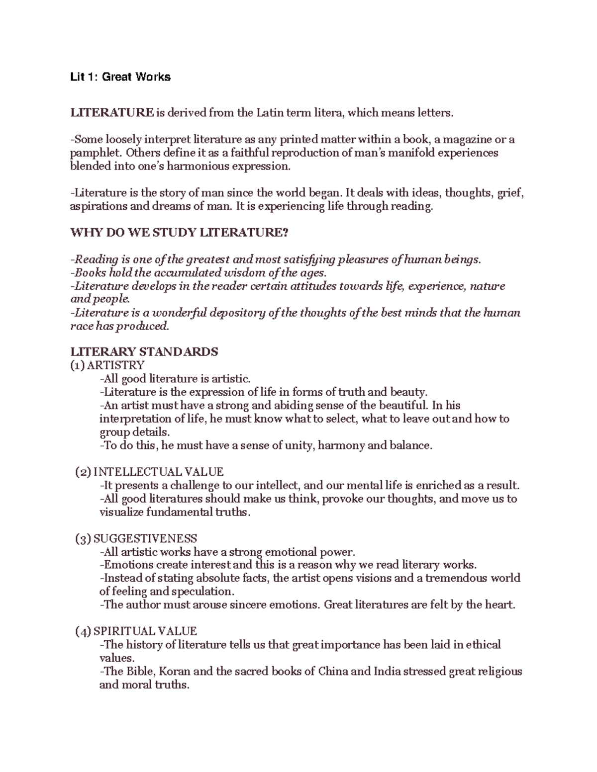 Introduction To Lit 1 Lit 1 Great Works Literature Is Derived From