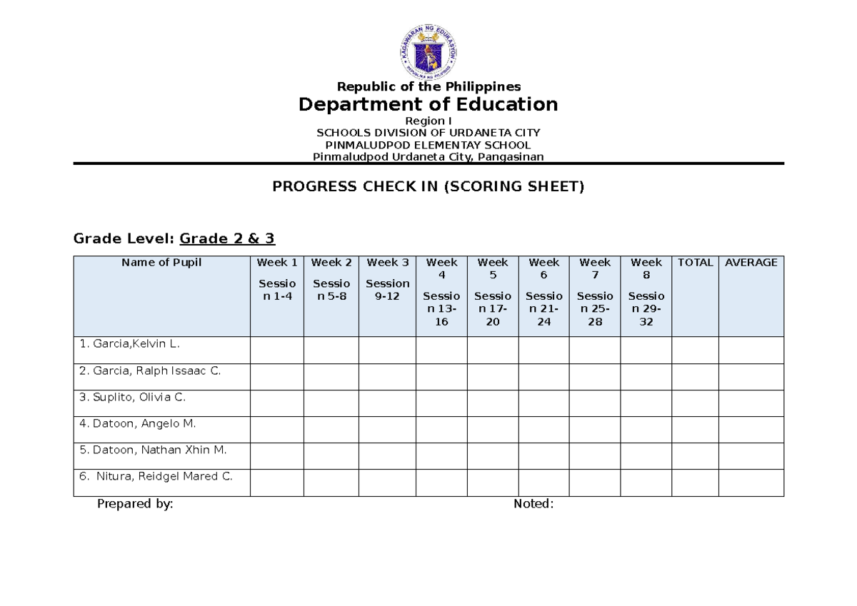 Progress Check IN Scoring Sheet for Grade 2 & 3 (PINMALUDPOD) - Studocu