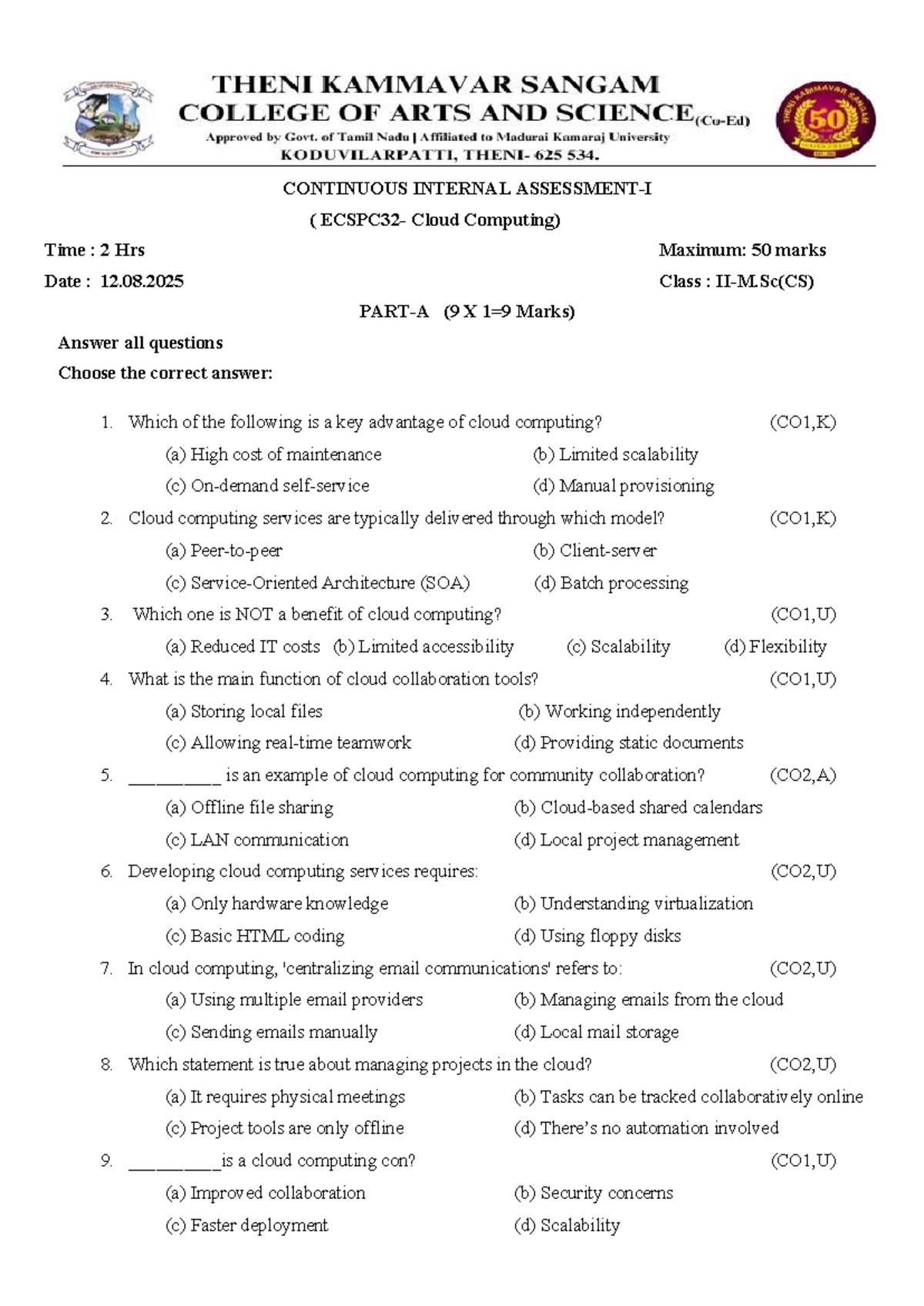 MSc CS Cloud Computing Continuous Internal Exam - 12.08.2025 - Studocu