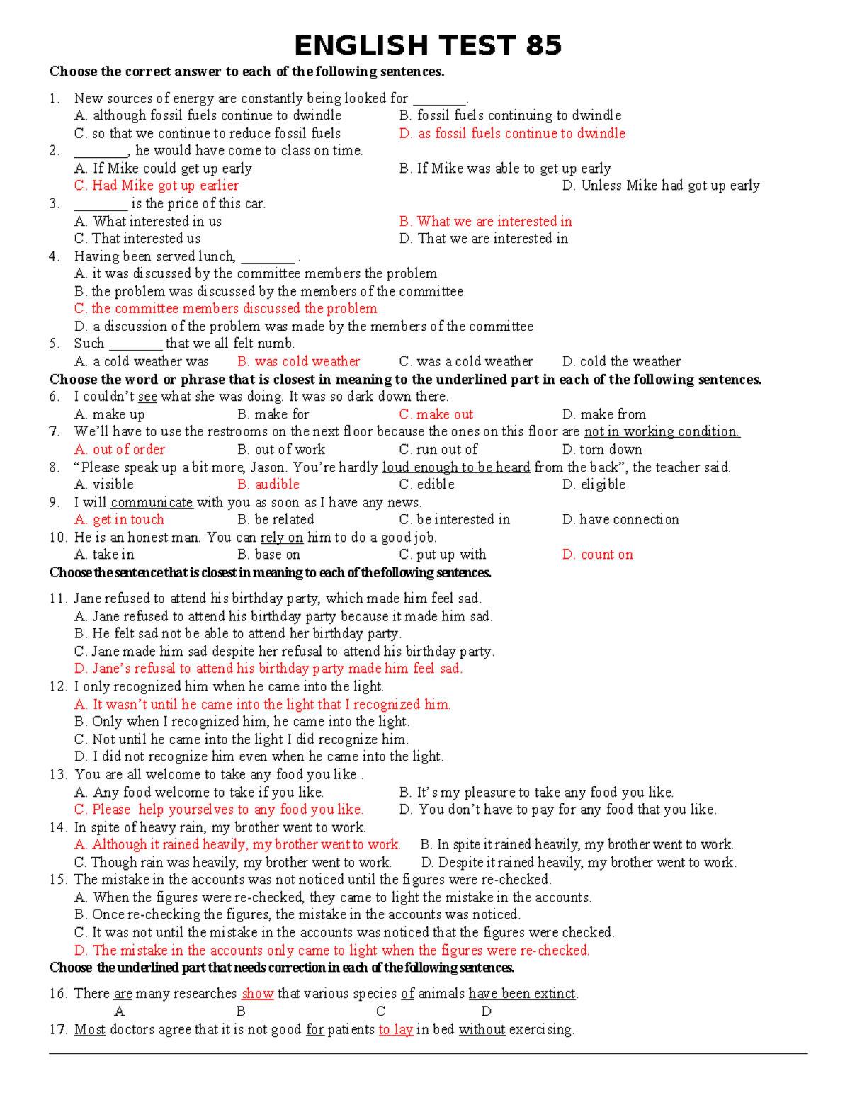ENGLISH TEST 85: Multiple Choice Questions and Answers - Studocu