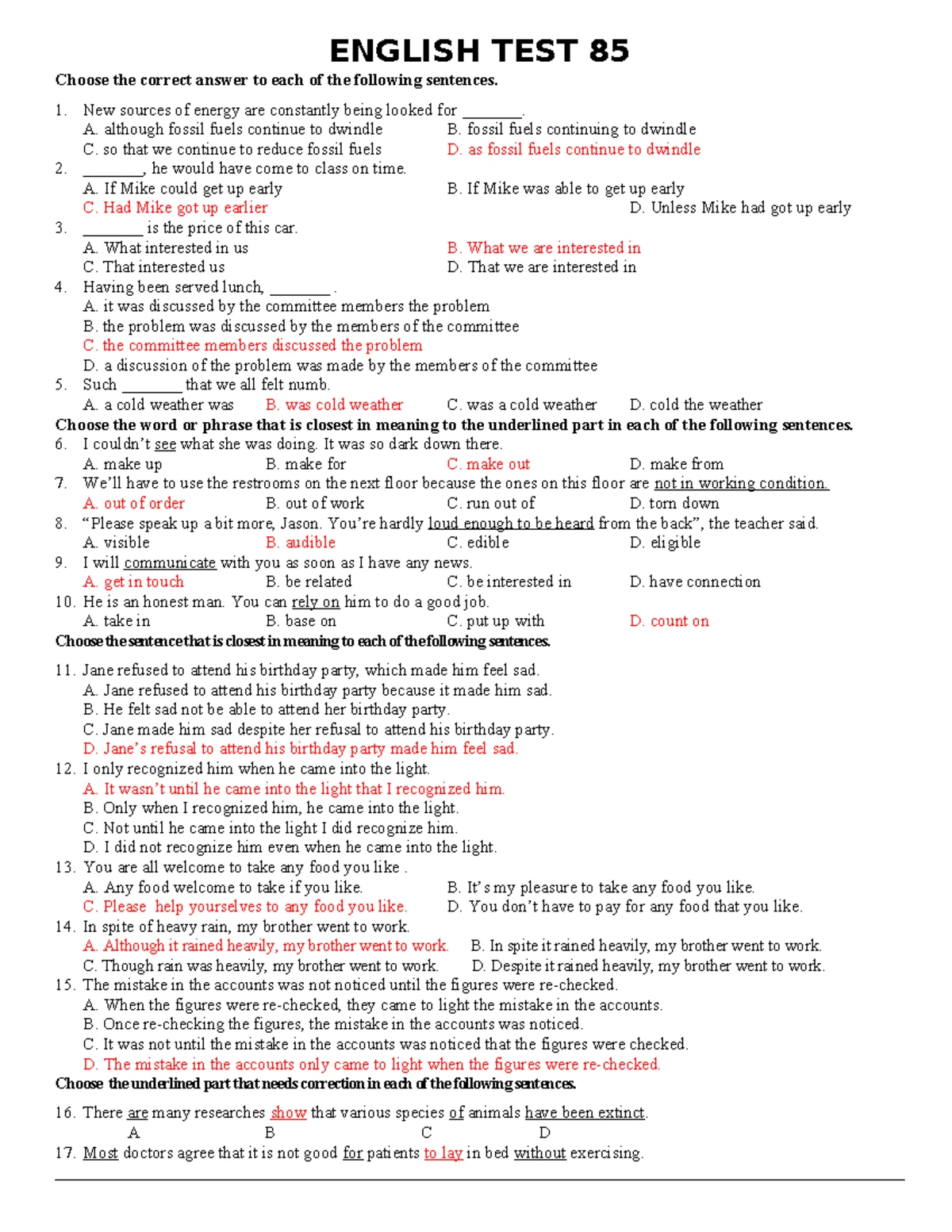ENGLISH TEST 86: Multiple Choice Questions and Answers - Studocu