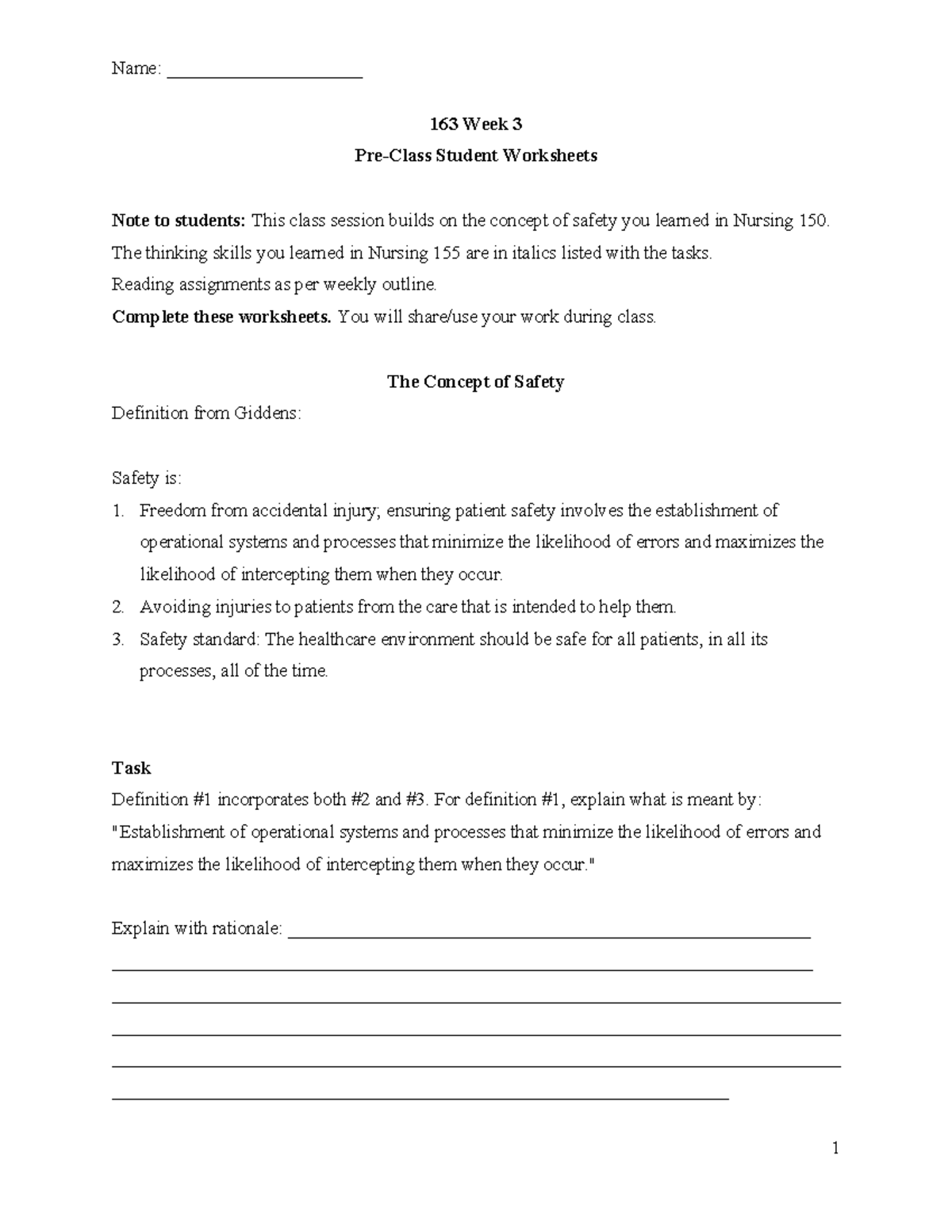 NUR 163 Week 3 Pre-Class Assignment: Focus on Patient Safety and Care ...