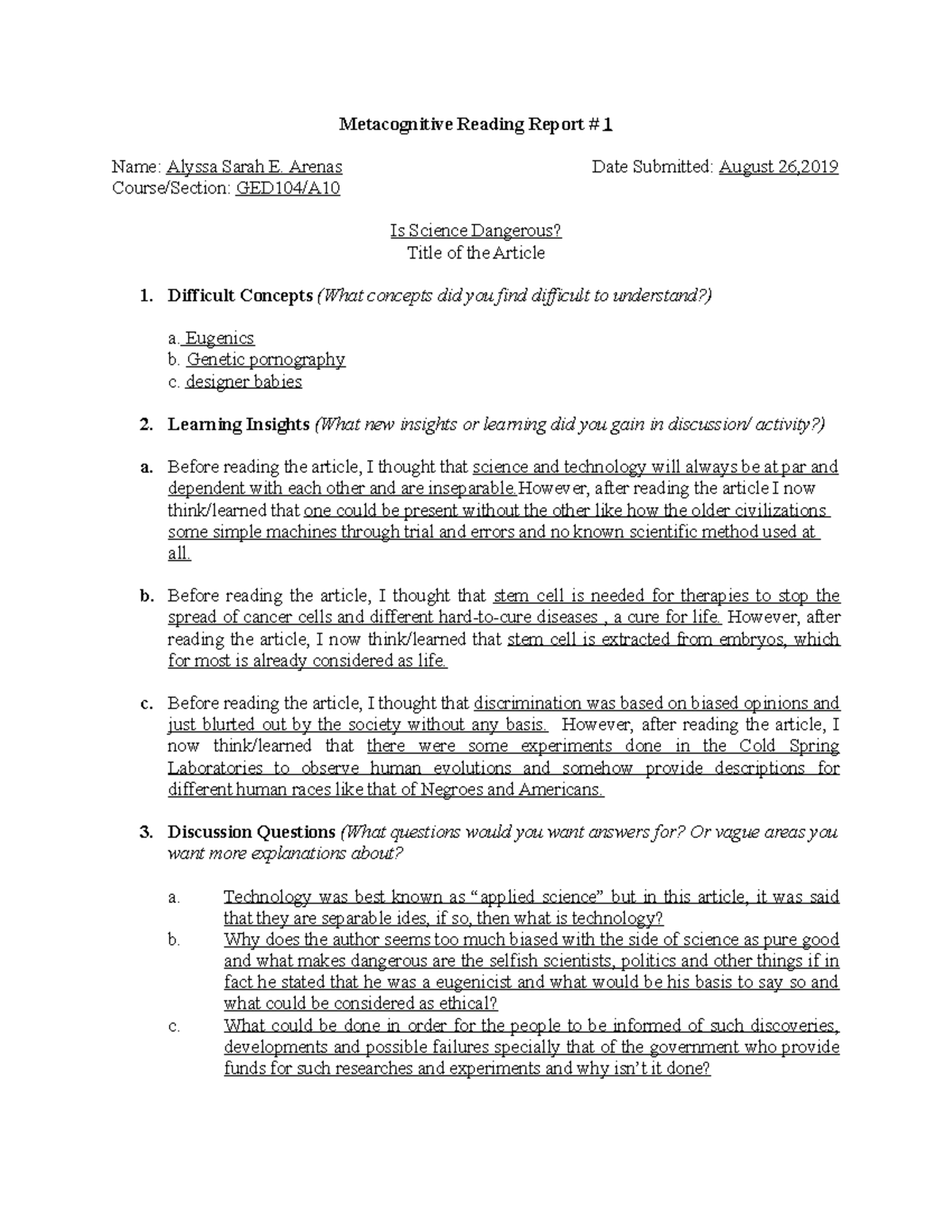 MRR1 - Metacognitive Reading Report on Science & Technology Insights ...
