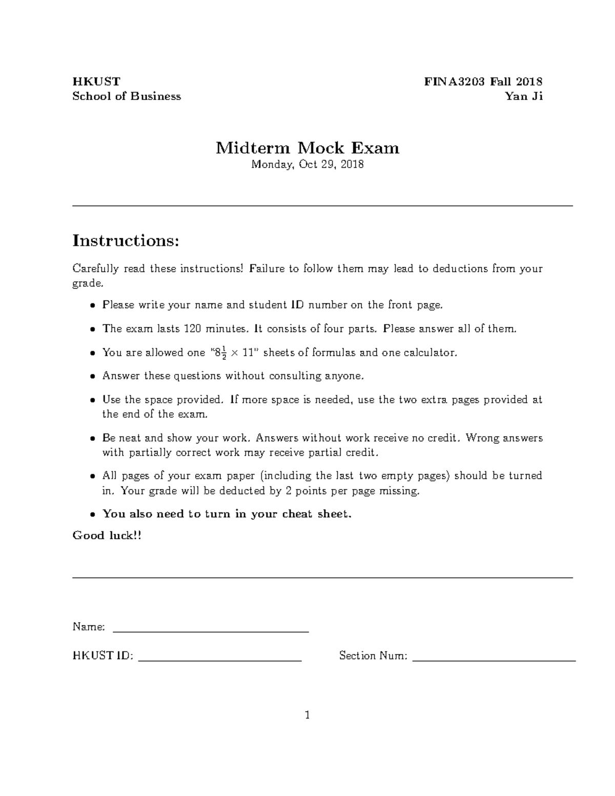 HKUST FINA3203 Fall 2018 Midterm Mock Exam Guide and Instructions - Studocu