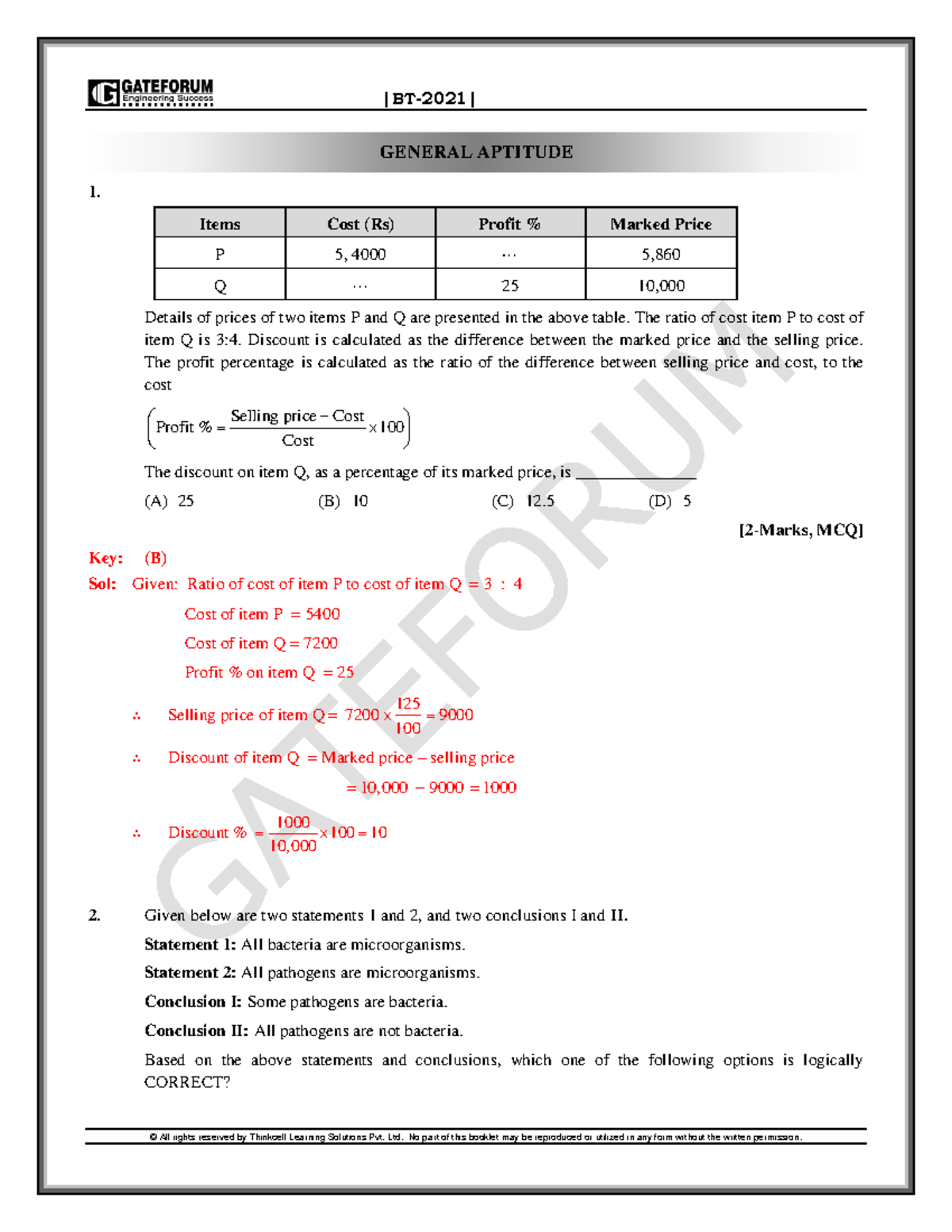 BT Gate 2021 4 - Gate syllabus - Items Cost (Rs) Profit % Marked Price ...