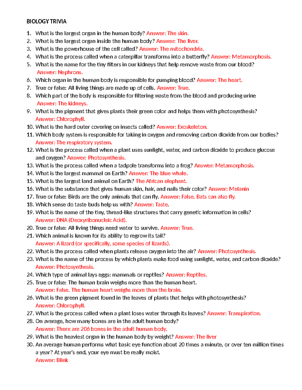 Biology 101 - Engaging Trivia Questions and Answers - Studocu