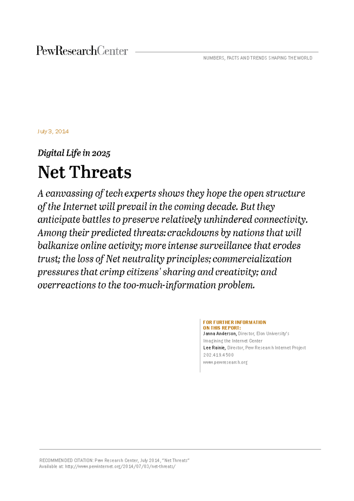 Pew Futuro da Internet- text - July 3 , 2014 FOR FURTHER INFORMATION ON ...