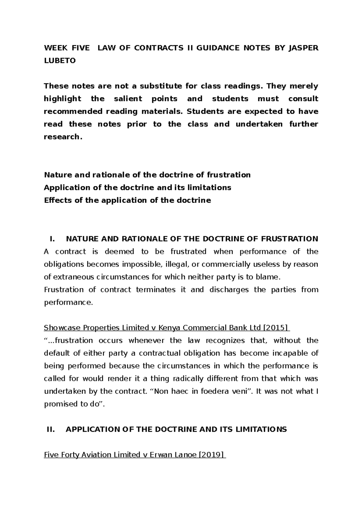 Law of Contracts II: Doctrine of Frustration - Week 5 Notes - Studocu