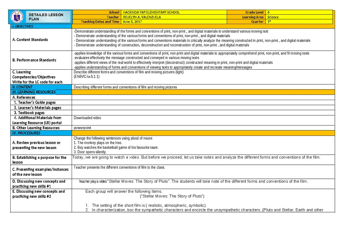 1st Q EN6G Lesson Plan: Pluralization of Regular Nouns - Studocu