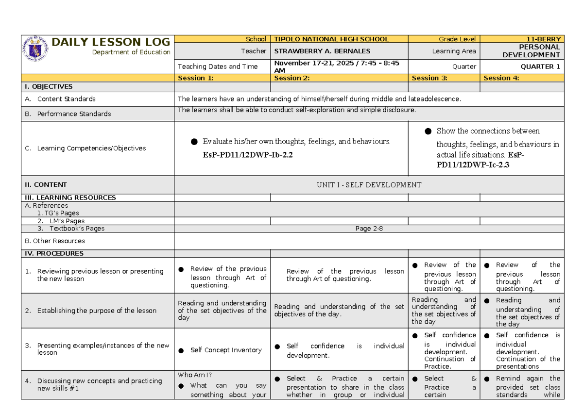 Perdev 101: Daily Lesson Log for Personal Development - Q1 Week 2 - Studocu