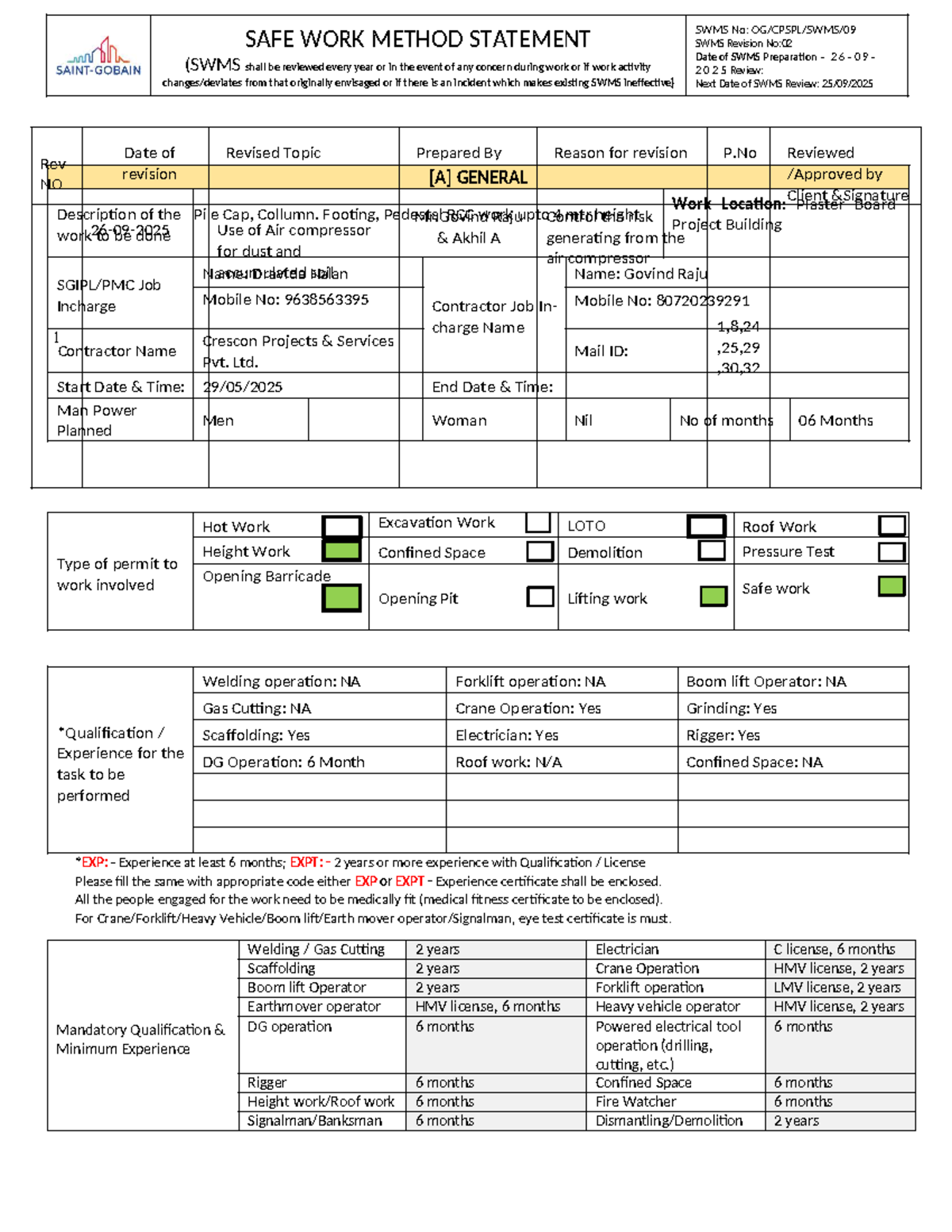 SWMS No: 02 - Safe Work Method Statement for RCC Construction - Studocu