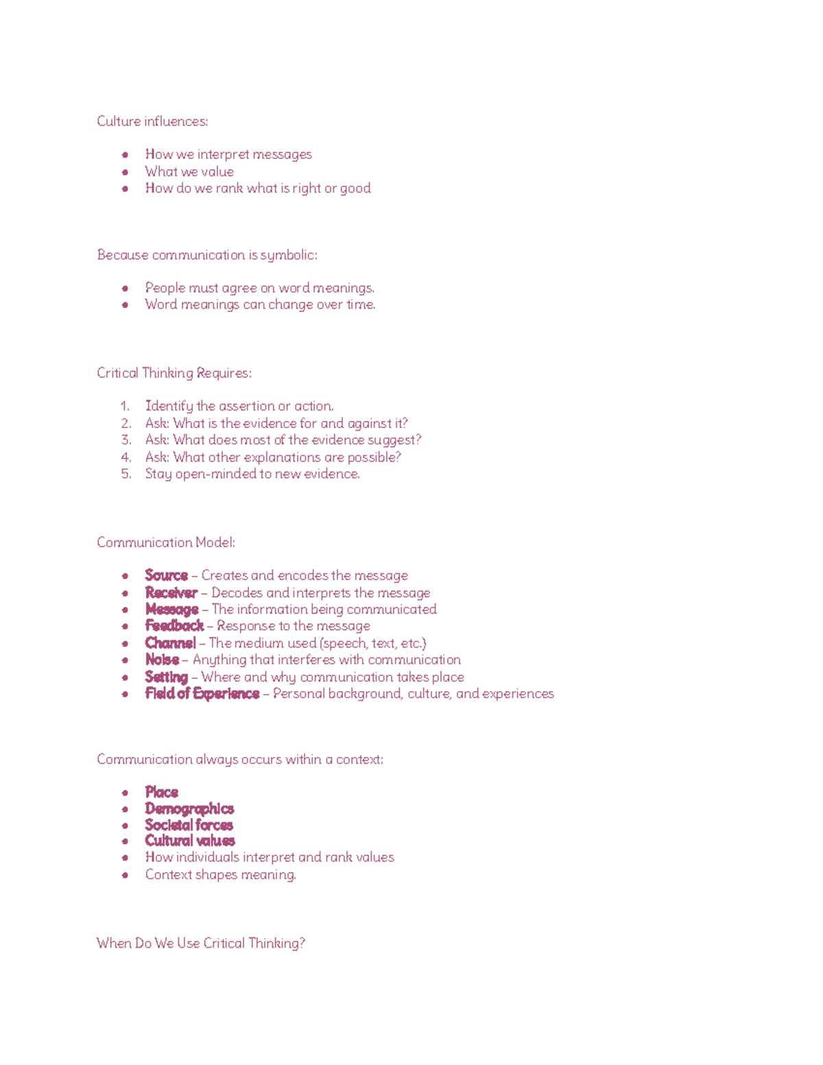 Communication and Critical Thinking Concepts - Studocu