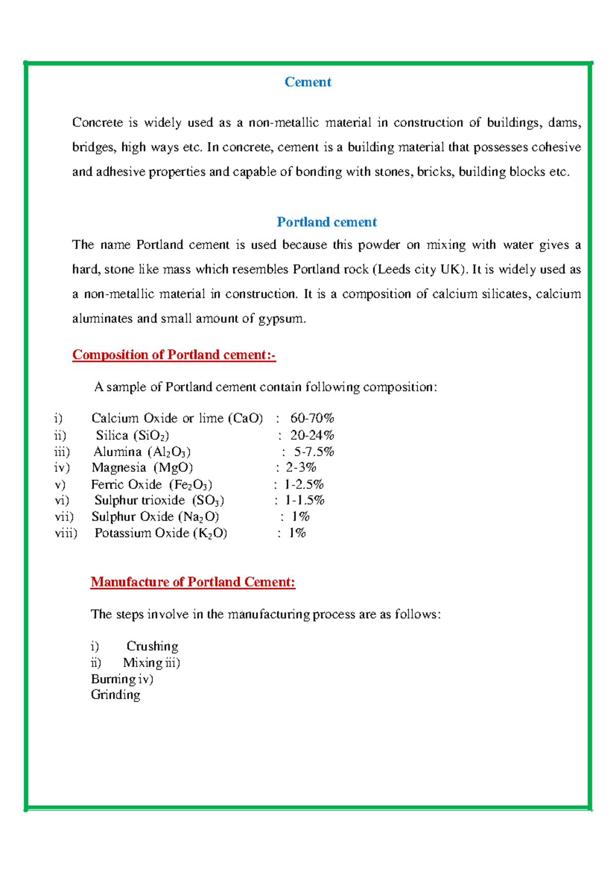 Cement - Short Notes on Portland Cement and Plaster of Paris - Studocu