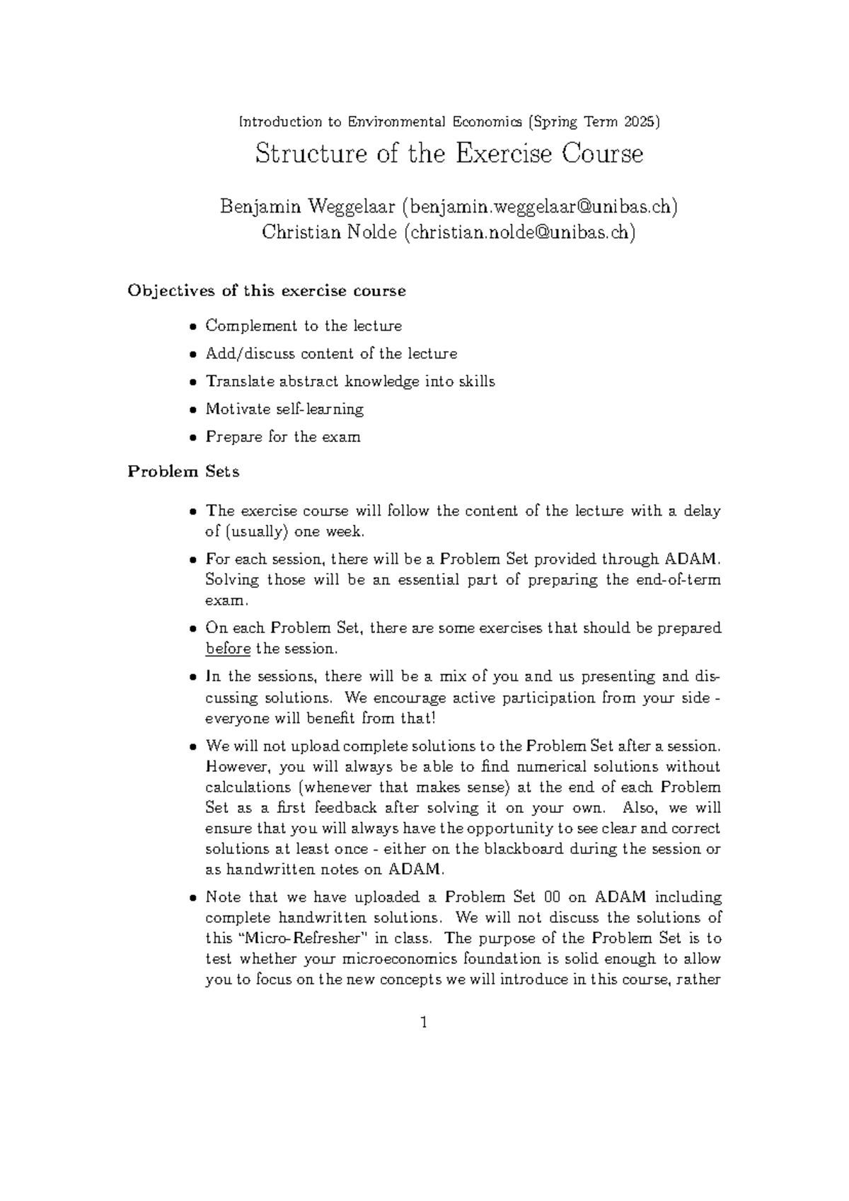 Exercise Course Structure for Environmental Economics (FS2025) - Studocu