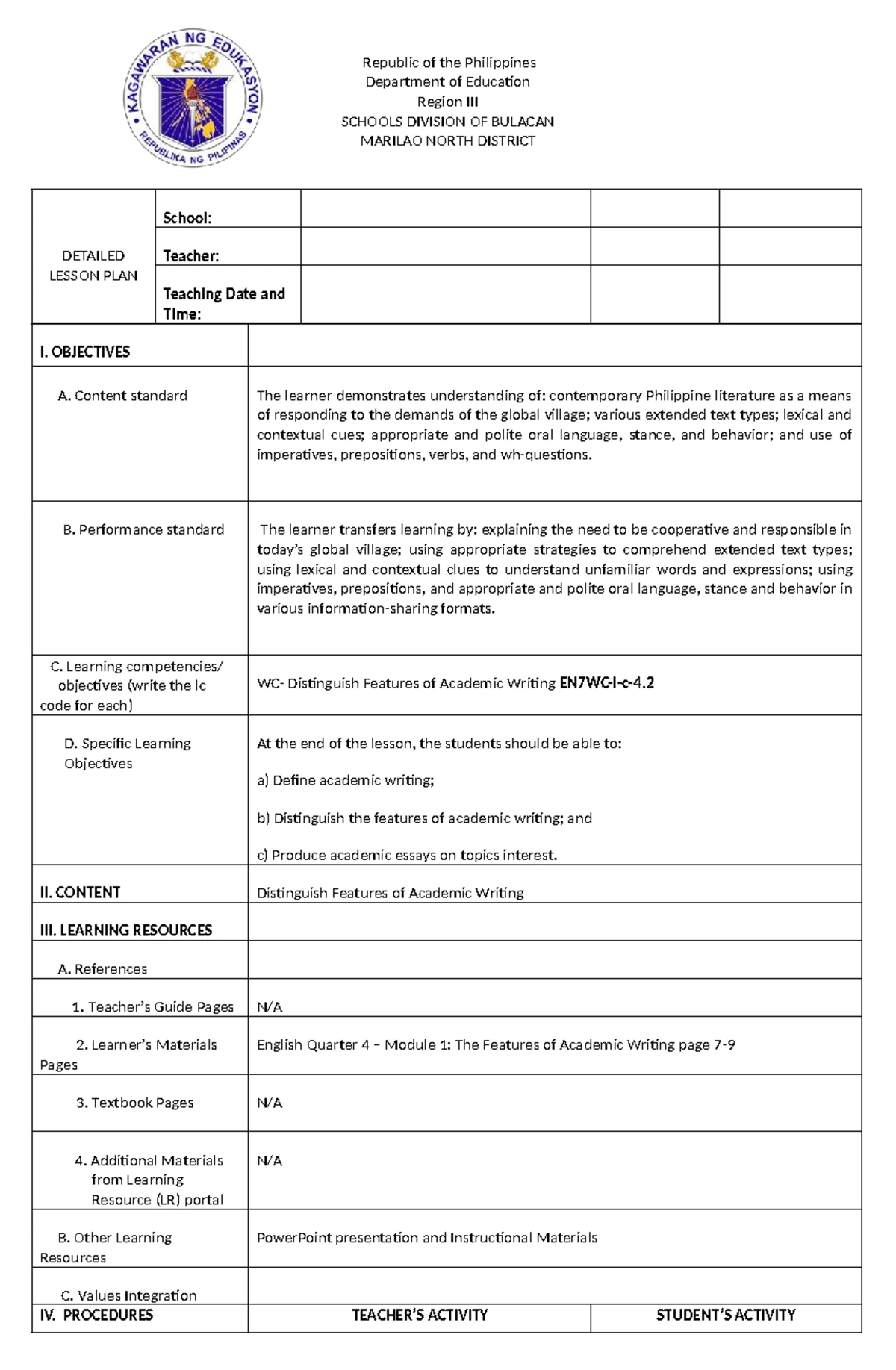 TLE10-Q1: Daily Lesson Log for Cookery - Week 1 Overview - Studocu