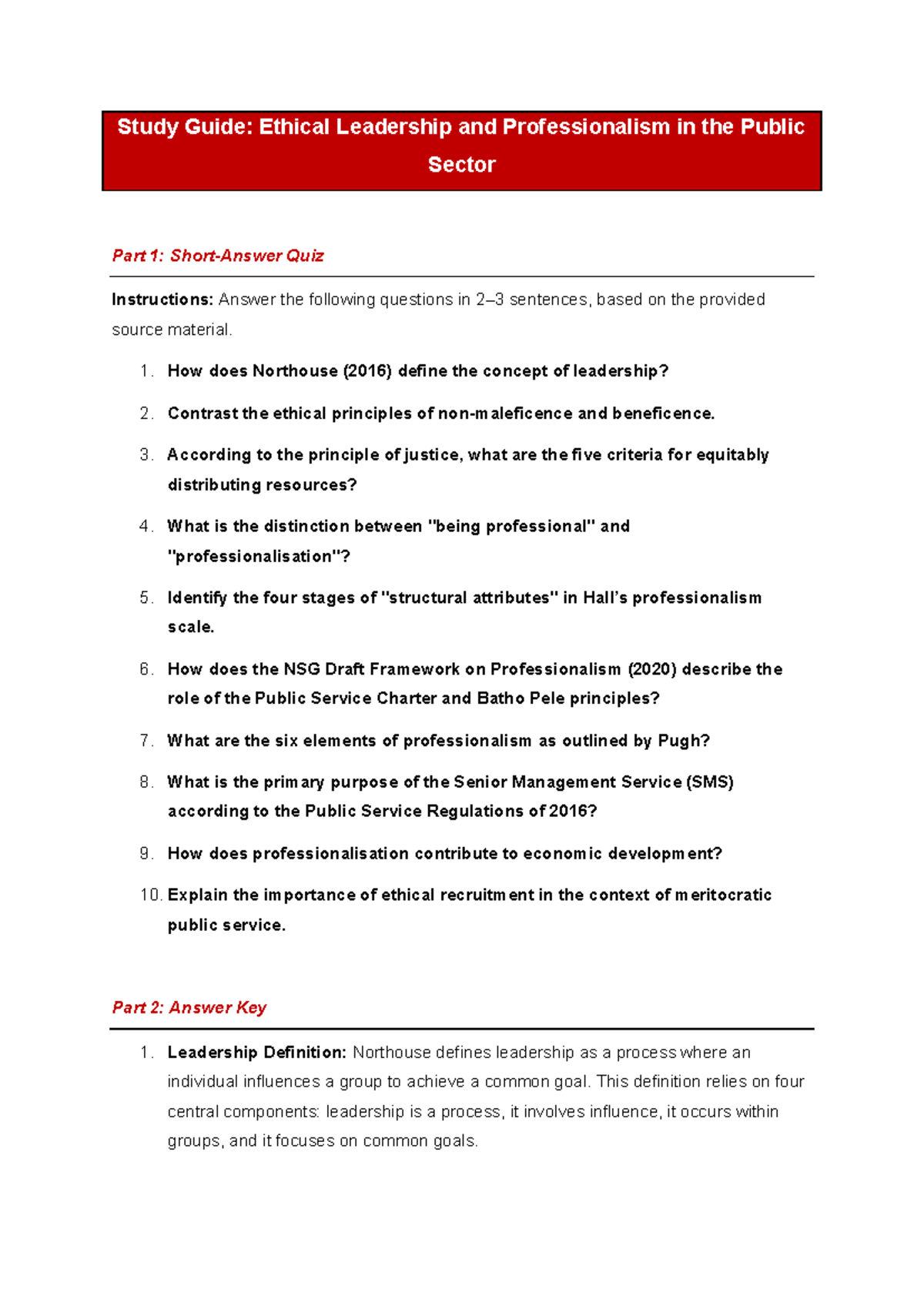 Study Guide: Ethical Leadership & Professionalism in the Public Sector ...
