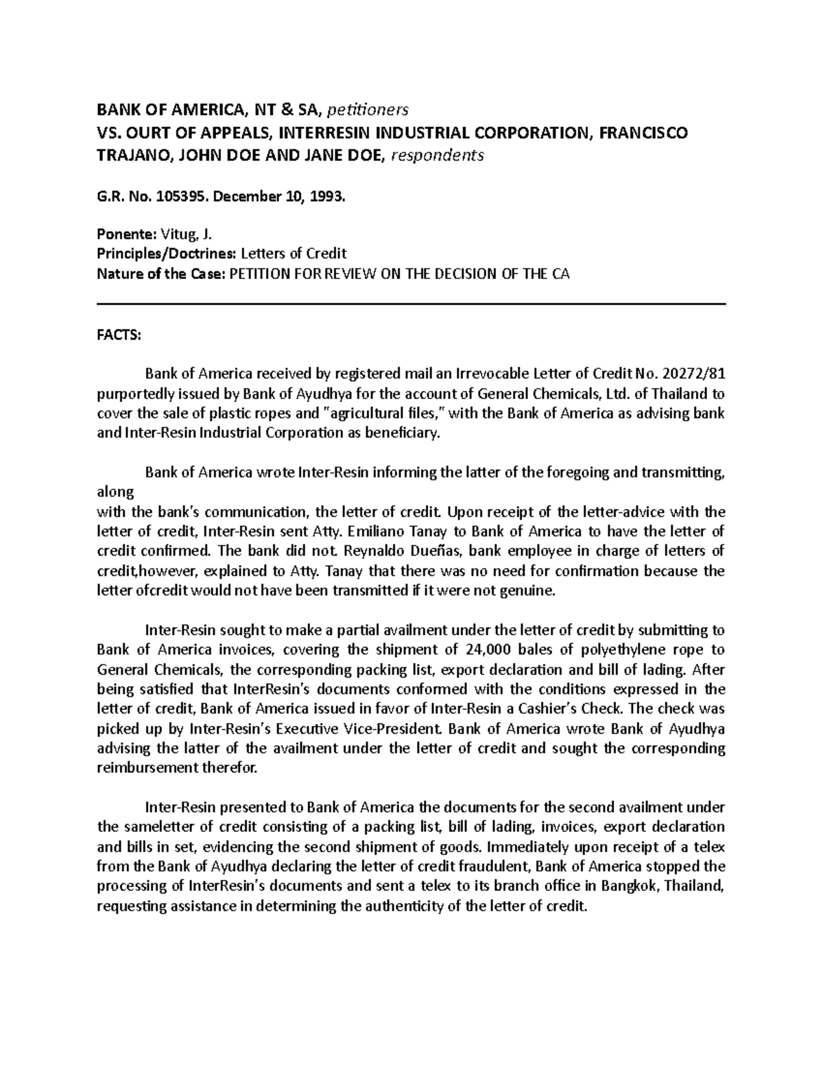 1 Bank of America vs. CA - Included in the assigned cases for Law on ...