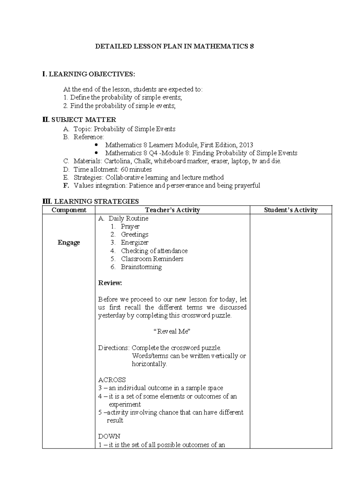 Detailed Lesson Plan: Probability of Simple Events for Math 8 - Studocu