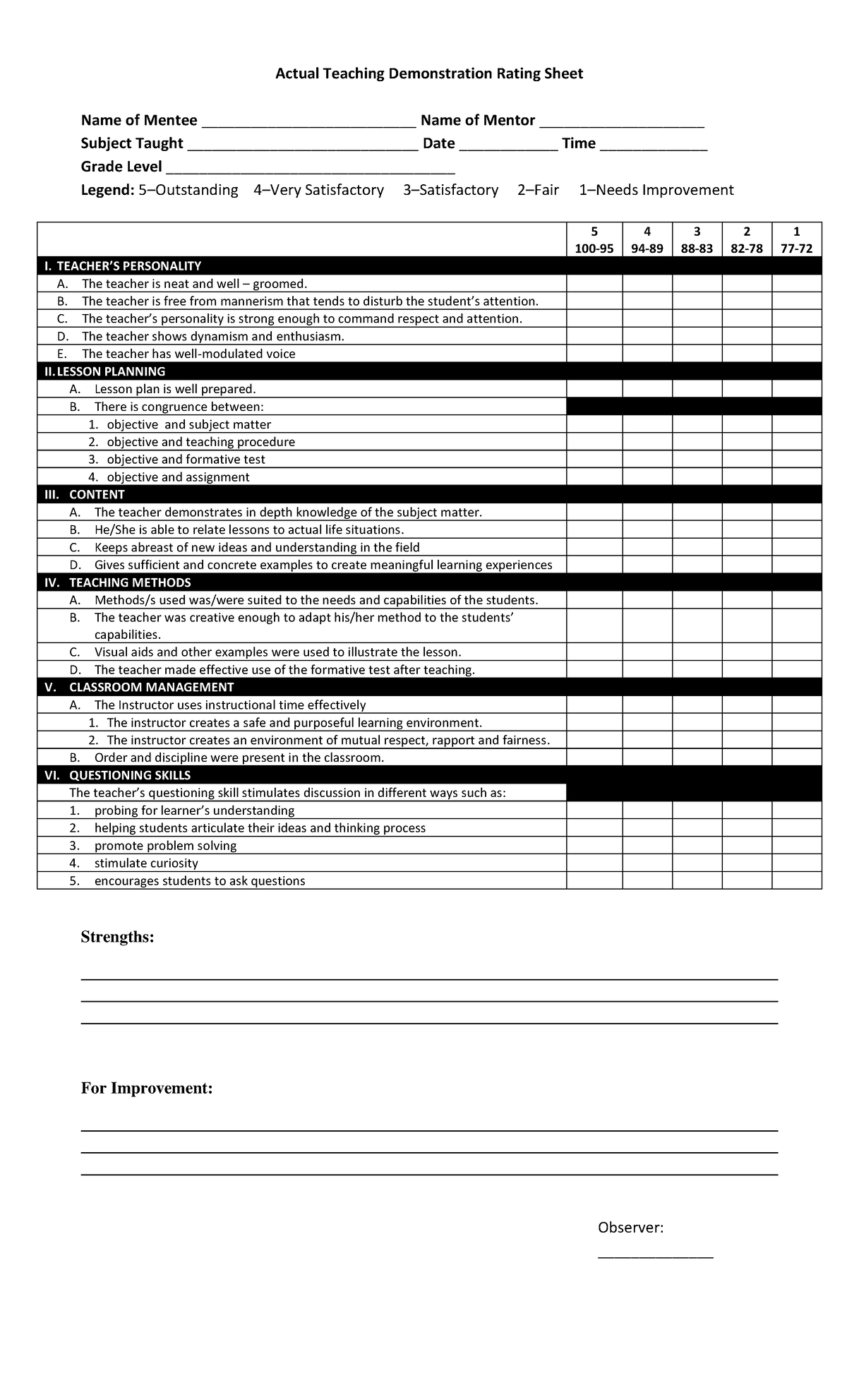 Rating Scale for Actual Teaching Demonstration - Actual Teaching ...